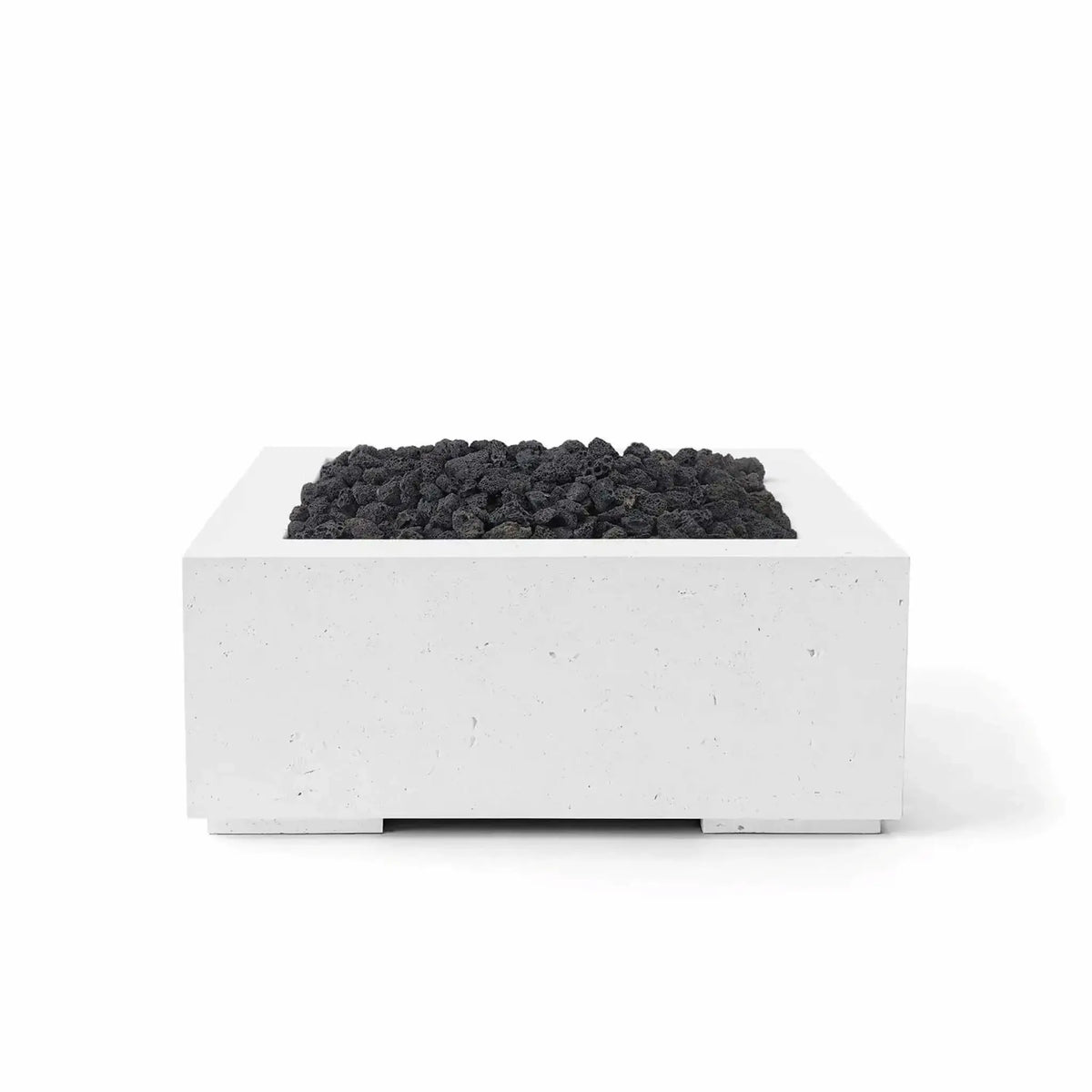 HPC Fire Hearth Products Controls Dekko GFRC Concrete Alea 32 x 32 Fire Pit in Natural finish featuring black lava rock fire media. This contemporary square outdoor fire pit showcases durable GFRC concrete construction with a clean architectural profile, recessed burner area, and rugged volcanic rock fill. The neutral Natural finish pairs well with modern patios, outdoor seating areas, rooftop lounges, and luxury backyard fire feature installations.