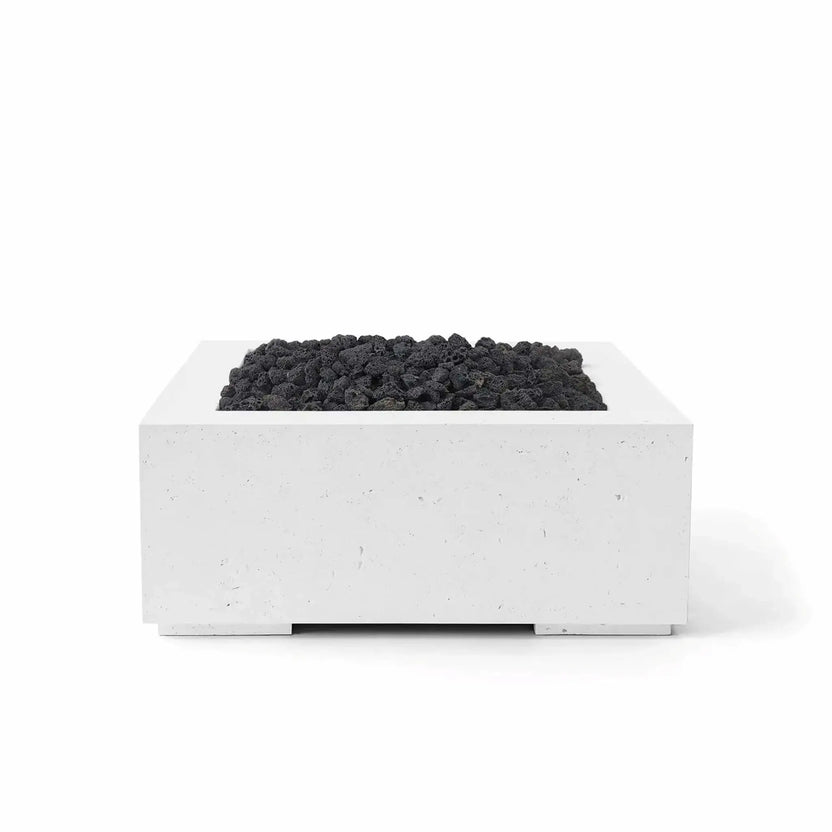 HPC Fire Hearth Products Controls Dekko GFRC Concrete Alea 32 x 32 Fire Pit in Natural finish featuring black lava rock fire media. This contemporary square outdoor fire pit showcases durable GFRC concrete construction with a clean architectural profile, recessed burner area, and rugged volcanic rock fill. The neutral Natural finish pairs well with modern patios, outdoor seating areas, rooftop lounges, and luxury backyard fire feature installations.