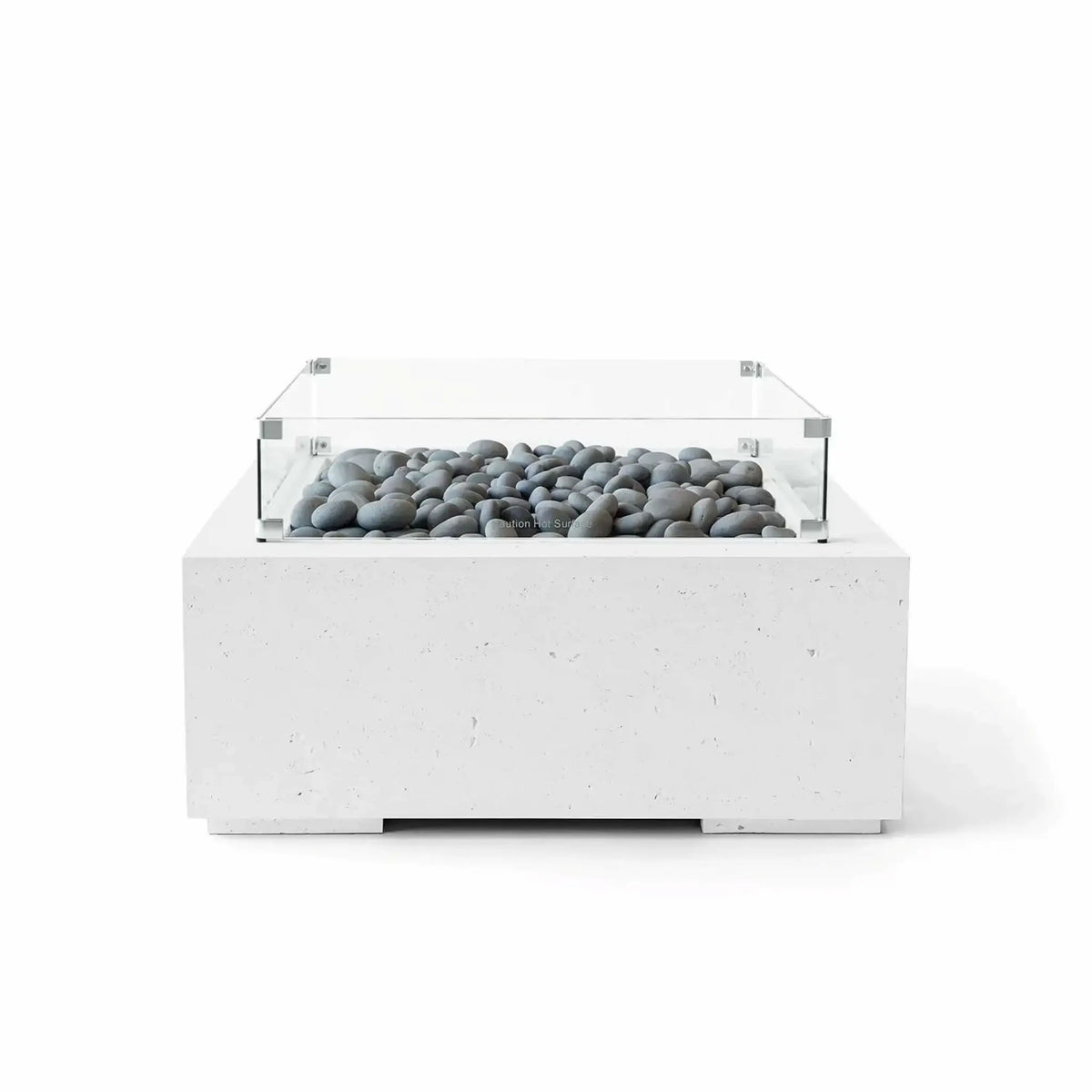 Front-facing studio image of the HPC Fire Hearth Products Controls Dekko GFRC Concrete Alea 32 x 32 Fire Pit in Natural finish with smooth gray slate stones and a tempered glass wind guard. The square GFRC concrete fire table highlights contemporary styling, subtle texture, and decorative stone media designed for upscale residential outdoor environments.