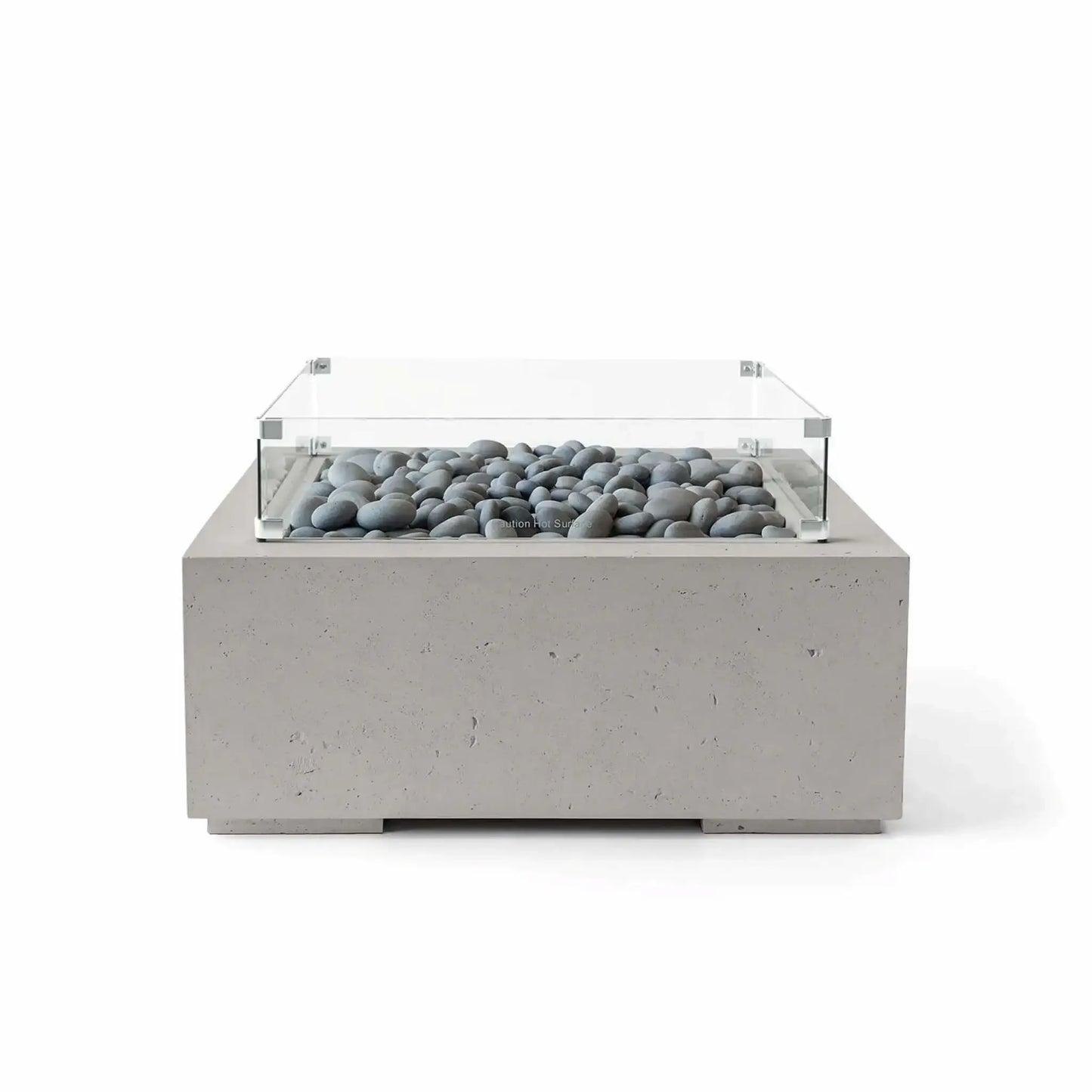 HPC Fire Hearth Products Controls Dekko GFRC Concrete Alea 32 x 32 Fire Pit in Sandstone finish with smooth gray slate stone fire media and a tempered glass wind guard. This square outdoor fire pit features a textured GFRC concrete construction, warm sandstone appearance, and modern low-profile silhouette designed for contemporary outdoor entertaining spaces.