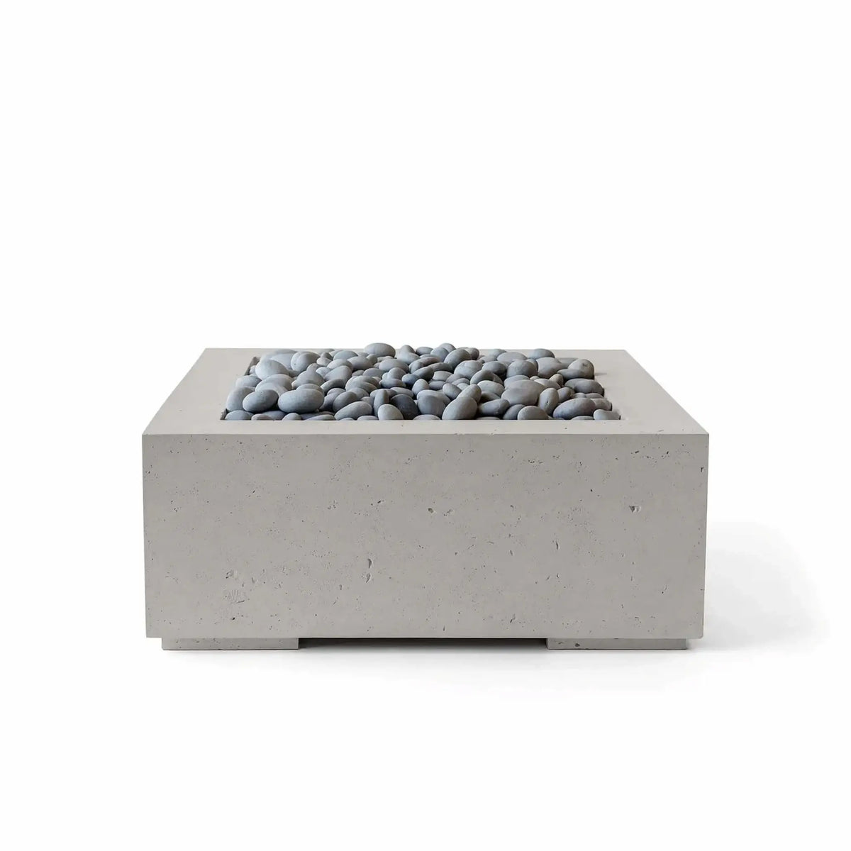 HPC Fire Hearth Products Controls Dekko GFRC Concrete Alea 32 x 32 Fire Pit in Sandstone finish with polished slate stone fire media. This contemporary square fire pit features durable glass fiber reinforced concrete construction, smooth gray decorative stones, and a recessed burner area designed for clean visual appeal. The warm Sandstone finish complements modern outdoor furniture, patios, courtyards, and luxury outdoor living spaces while providing a refined architectural look.