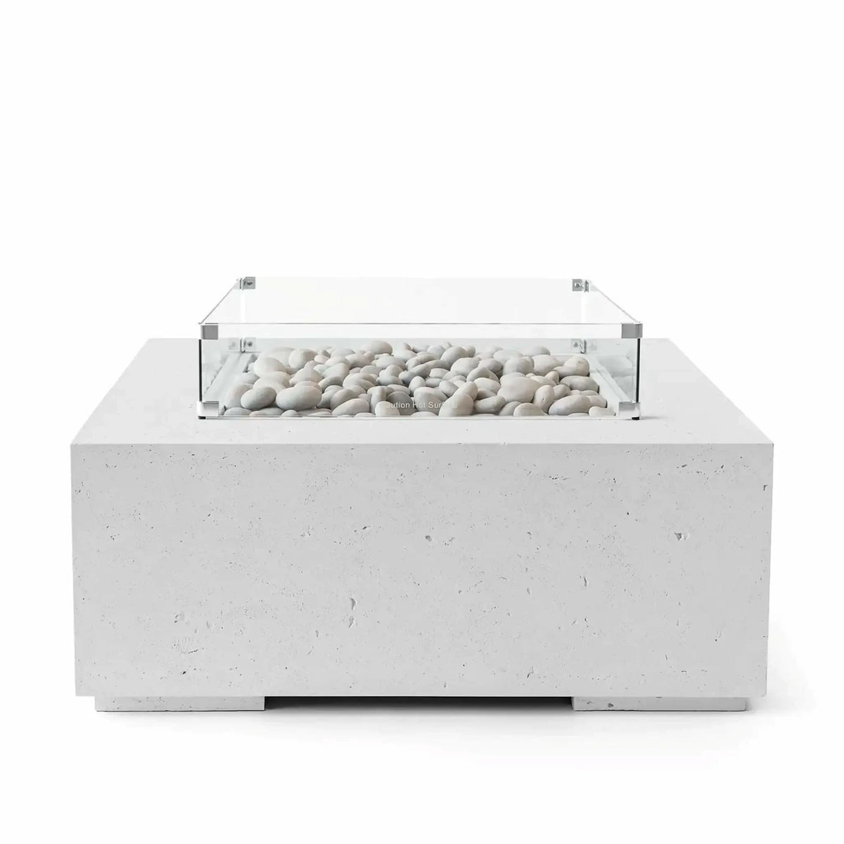 HPC Fire Hearth Products Controls Dekko GFRC Concrete Alea 40 x 40 Fire Pit in Ash finish featuring smooth ivory fire stones within a rectangular burner area. The modern square outdoor fire pit is constructed from durable GFRC concrete and includes a clear tempered glass wind guard surrounding the burner. Studio product image highlighting the contemporary concrete texture, clean lines, and premium outdoor fire feature design.