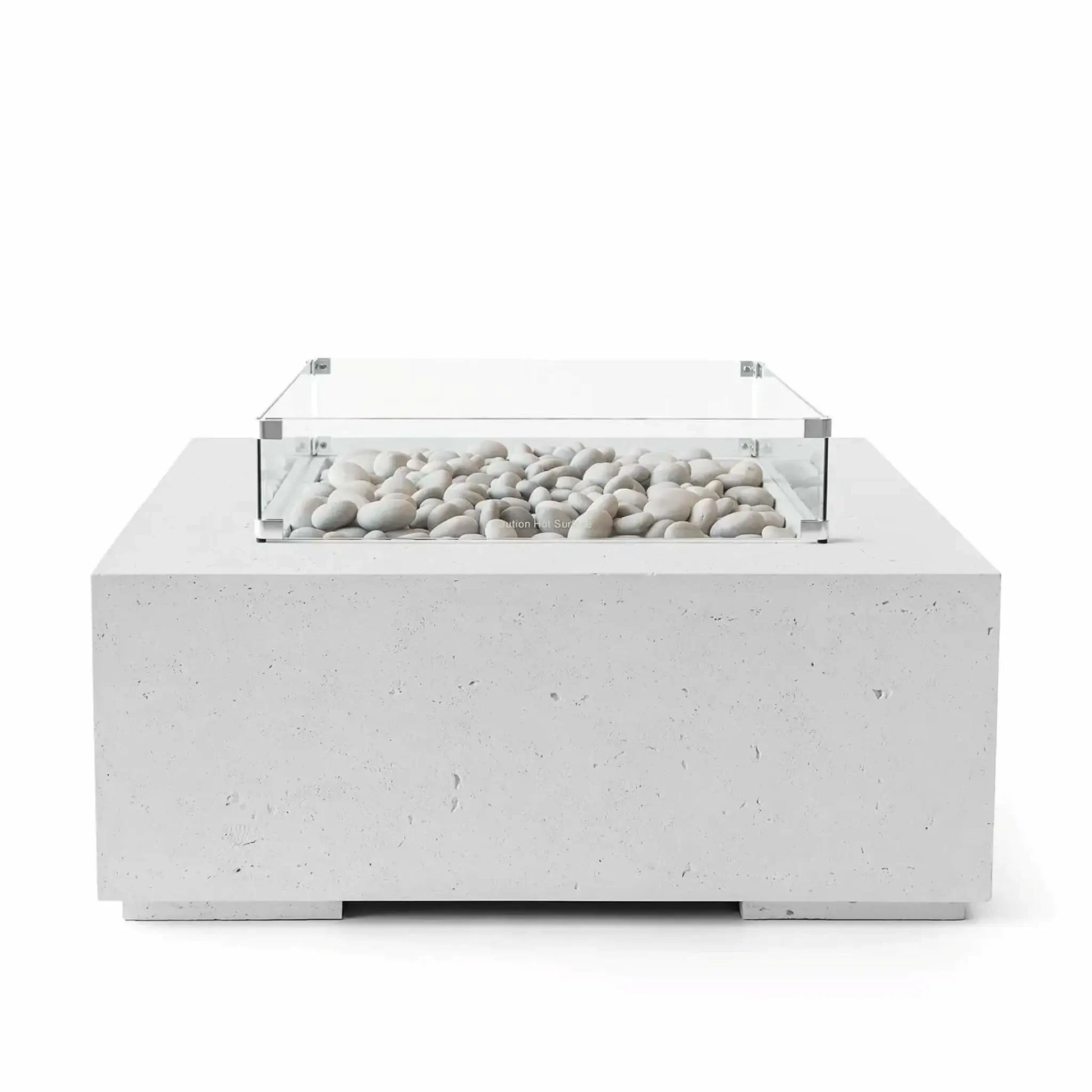 HPC Fire Hearth Products Controls Dekko GFRC Concrete Alea 40 x 40 Fire Pit in Ash finish featuring smooth ivory fire stones within a rectangular burner area. The modern square outdoor fire pit is constructed from durable GFRC concrete and includes a clear tempered glass wind guard surrounding the burner. Studio product image highlighting the contemporary concrete texture, clean lines, and premium outdoor fire feature design.