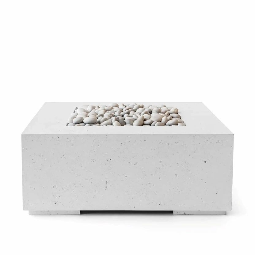 HPC Fire Hearth Products Controls Dekko GFRC Concrete Alea 40 x 40 Fire Pit in Ash finish featuring smooth ivory fire stones. This modern square outdoor fire pit showcases a clean-lined GFRC concrete construction with a recessed burner area filled with rounded white decorative stones. The minimalist design, light gray ash color, and contemporary profile make it ideal for luxury patios, outdoor living spaces, and backyard gathering areas.