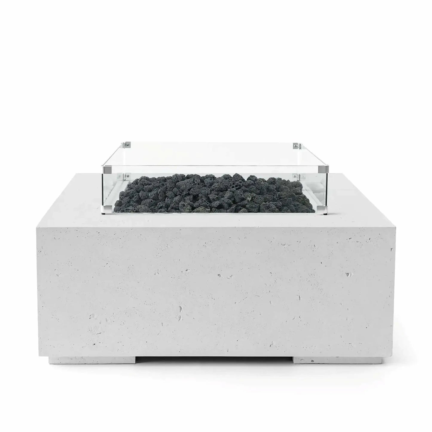 HPC Fire Hearth Products Controls Dekko GFRC Concrete Alea 40 x 40 Fire Pit in Ash finish with natural black lava rock media displayed inside the burner enclosure. The square GFRC concrete fire pit features a sleek modern profile and a clear tempered glass wind guard that enhances flame protection while showcasing the textured lava rock fill. Isolated product image on a clean white background.