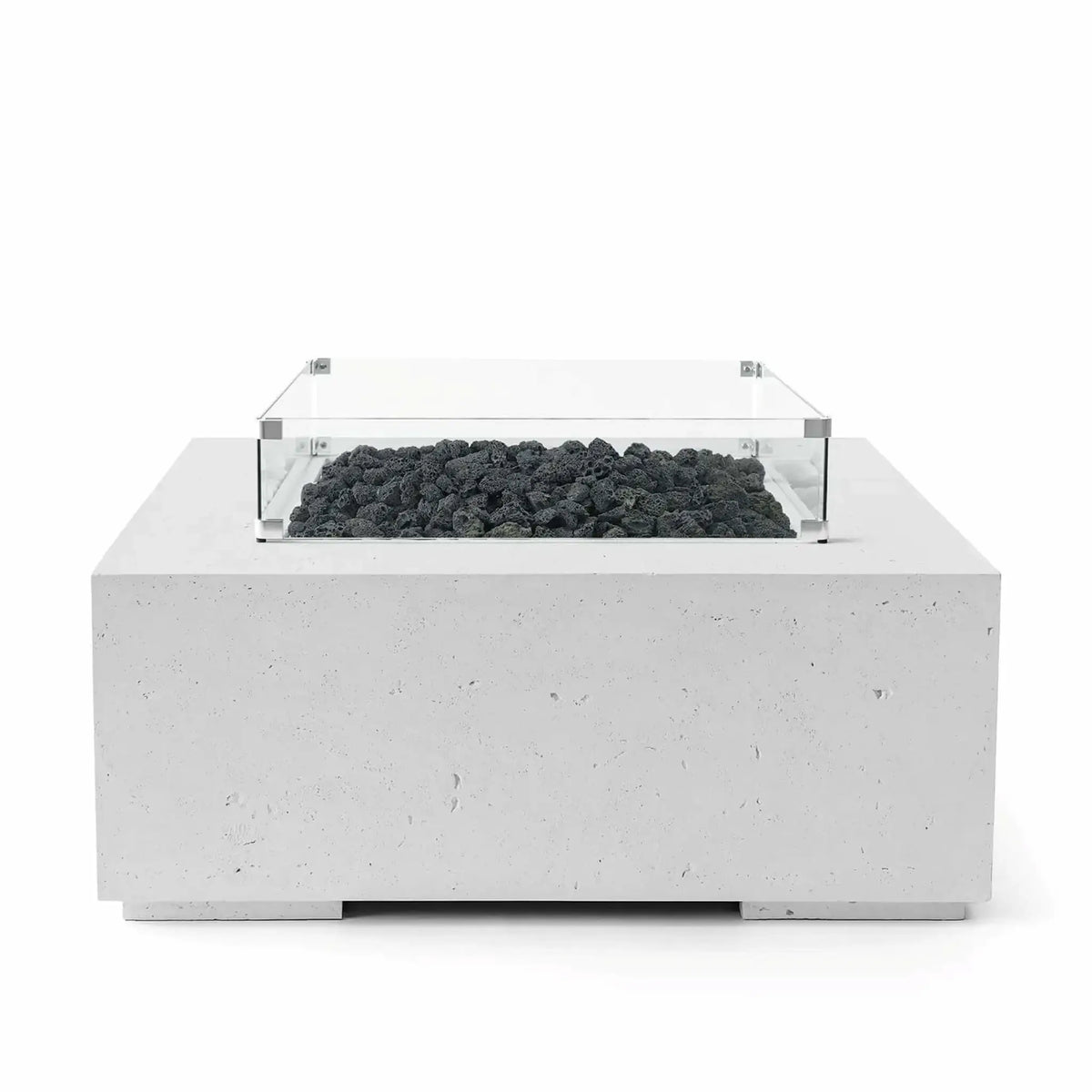 HPC Fire Hearth Products Controls Dekko GFRC Concrete Alea 40 x 40 Fire Pit in Ash finish with natural black lava rock media displayed inside the burner enclosure. The square GFRC concrete fire pit features a sleek modern profile and a clear tempered glass wind guard that enhances flame protection while showcasing the textured lava rock fill. Isolated product image on a clean white background.