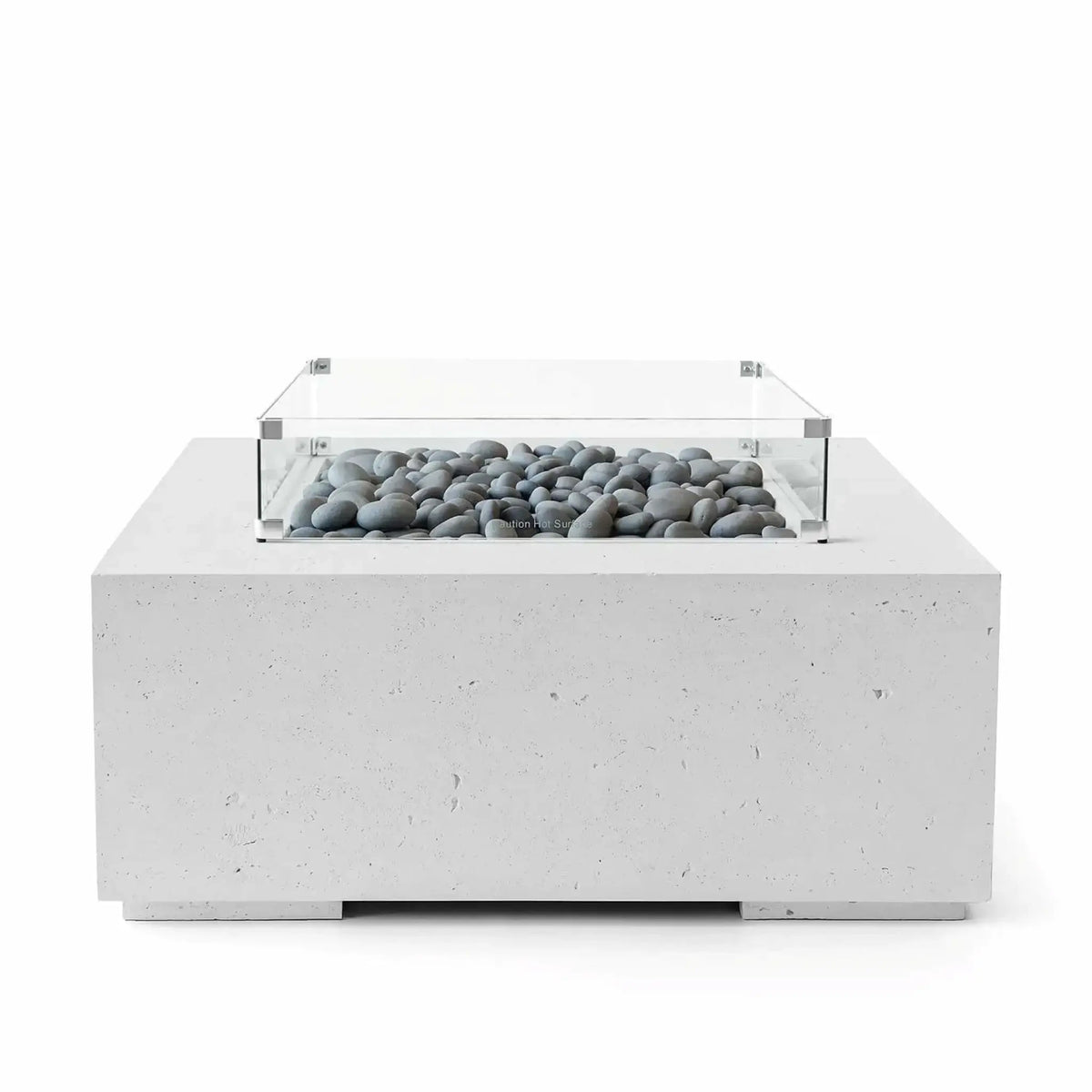 HPC Fire Hearth Products Controls Dekko GFRC Concrete Alea 40 x 40 Fire Pit finished in Ash with decorative slate stones arranged inside the burner area. The contemporary outdoor fire pit includes a tempered glass wind guard and durable GFRC concrete construction with a light gray textured surface. Front-facing product image emphasizing the modern square design and premium fire media presentation.
