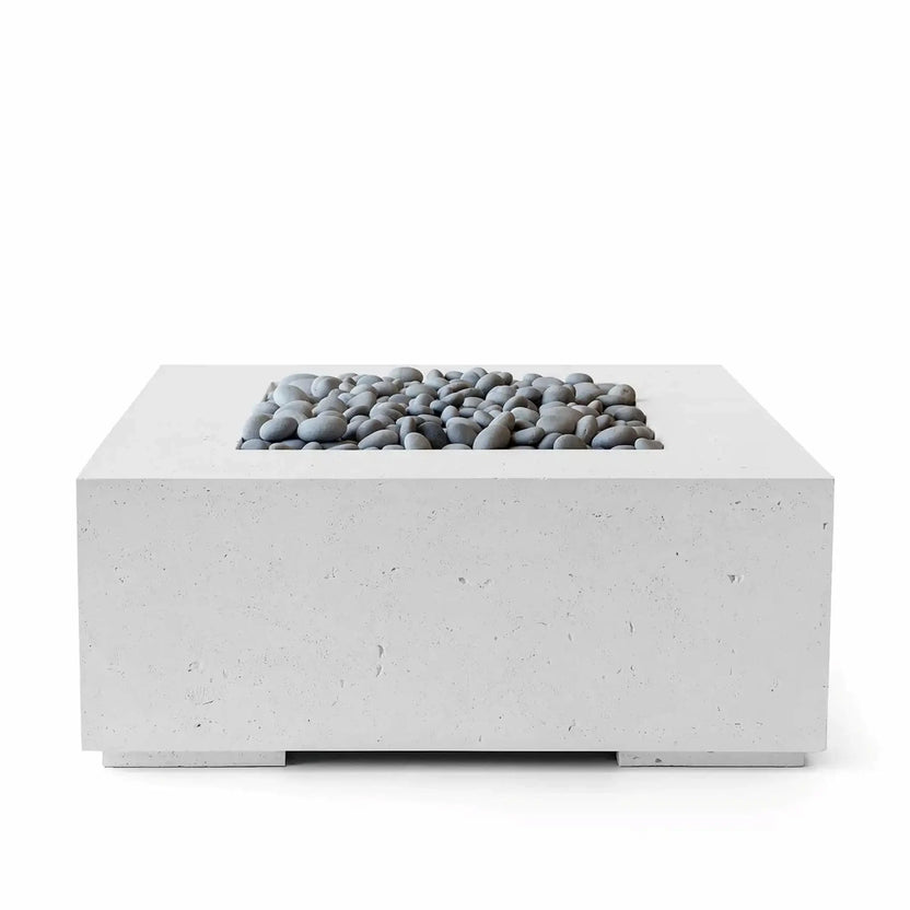 HPC Fire Hearth Products Controls Dekko GFRC Concrete Alea 40 x 40 Fire Pit in Ash finish with decorative slate stones. The square concrete fire pit features a durable GFRC construction, recessed burner opening, and smooth gray slate rock media. Its modern ash-gray finish, minimalist shape, and clean edges create a sophisticated outdoor centerpiece for patios, decks, and contemporary backyard entertainment areas.