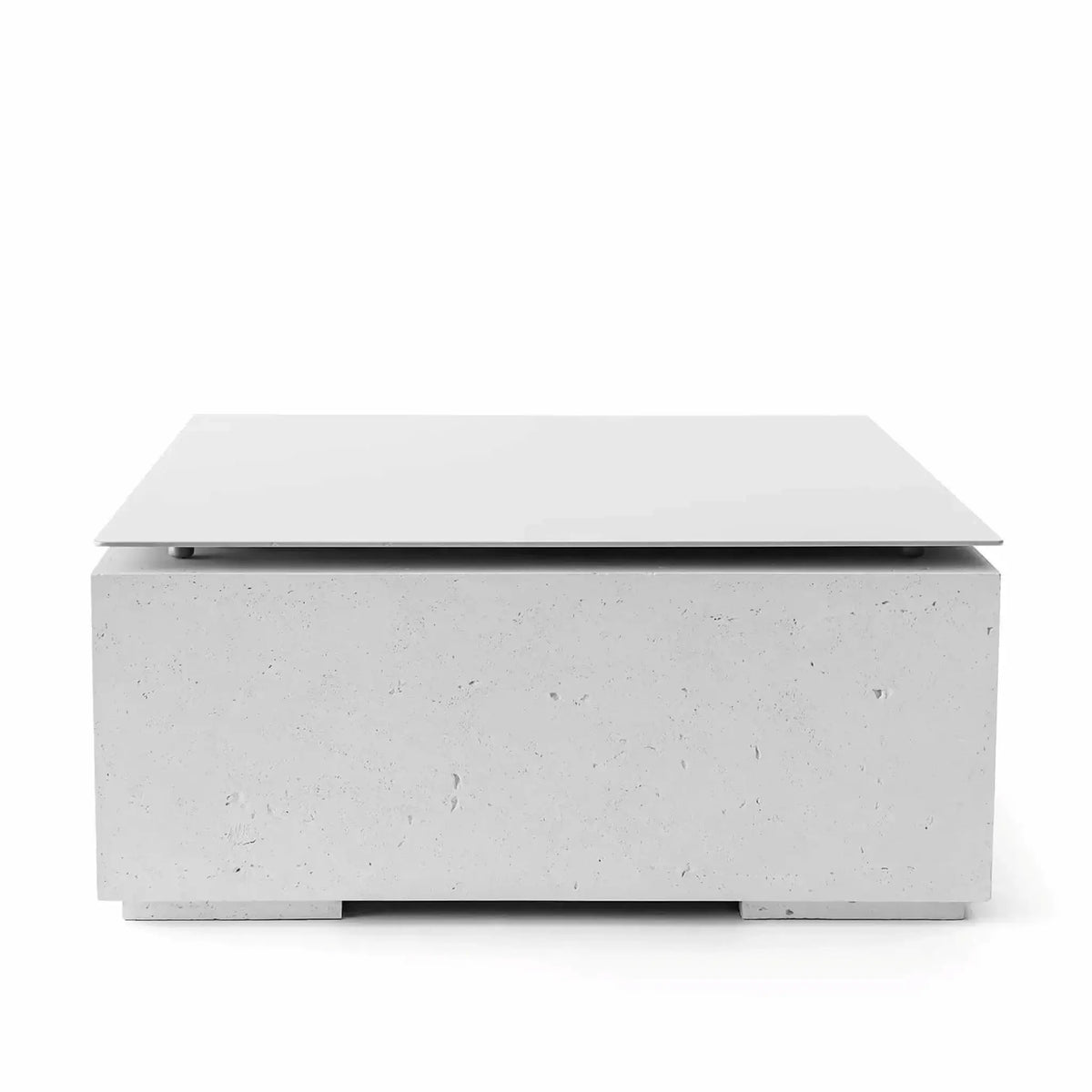 HPC Fire Hearth Products Controls Dekko GFRC Concrete Alea 40 x 40 Fire Pit Ash Table Top Lid shown on a white background. The square metal lid rests above a GFRC concrete fire pit base finished in a light ash gray color with subtle texture and natural concrete detailing. Designed to cover the burner opening and convert the Alea fire pit into a functional tabletop when not in use.