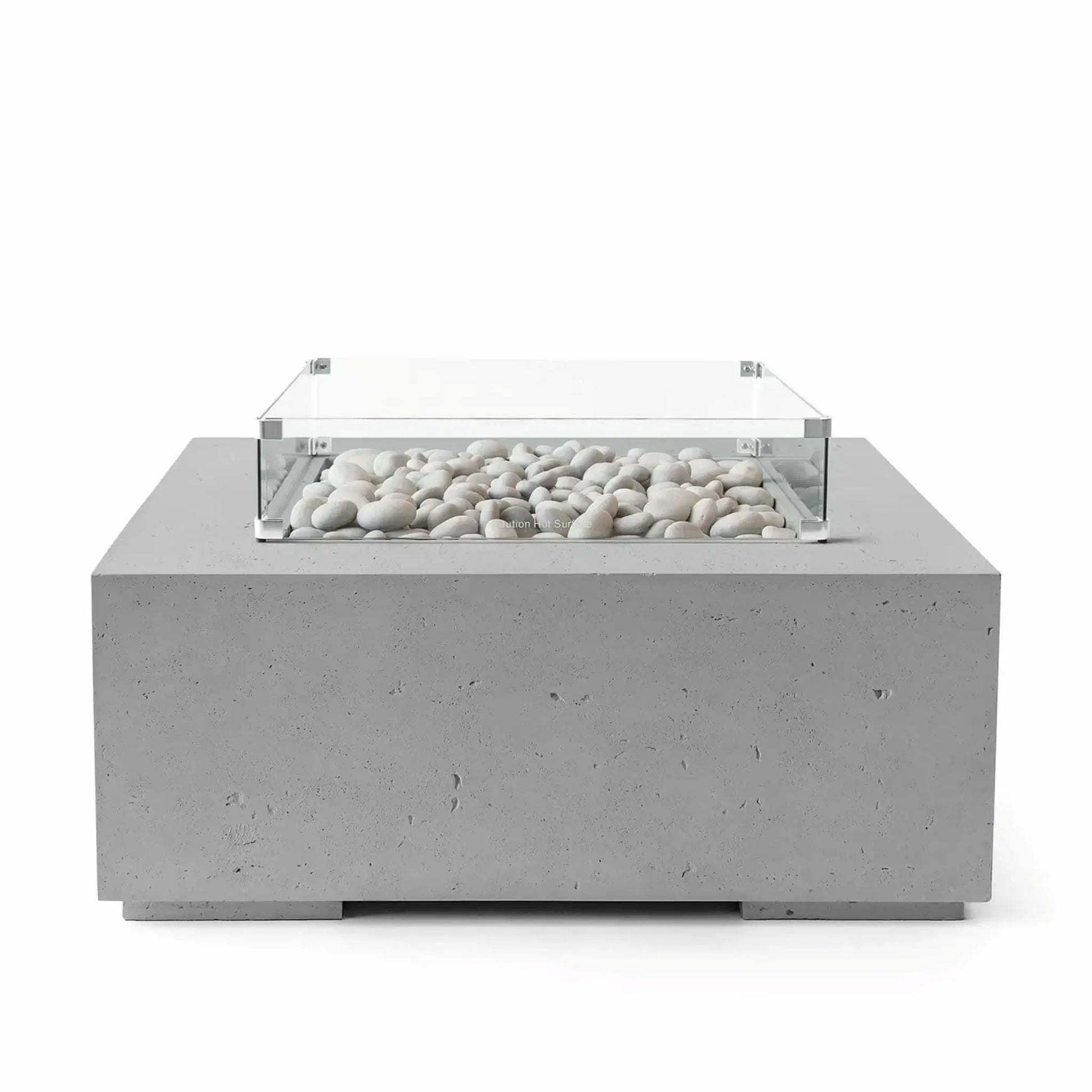 HPC Fire Hearth Products Controls Dekko GFRC Concrete Alea 40 x 40 Fire Pit in Charcoal finish featuring smooth ivory fire stones beneath a clear tempered glass wind guard. The square outdoor fire table showcases a darker concrete body with subtle texture, creating a striking contrast against the white stone media. Professional studio image highlighting the modern architectural design.