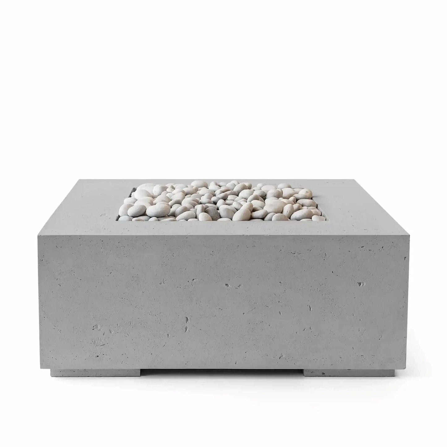 HPC Fire Hearth Products Controls Dekko GFRC Concrete Alea 40 x 40 Fire Pit in Charcoal finish with ivory fire stones. This modern square fire pit features a textured dark gray GFRC concrete body and a recessed burner area filled with smooth white decorative stones. The contrasting charcoal finish and ivory media provide a striking contemporary aesthetic suitable for upscale outdoor living and patio environments.