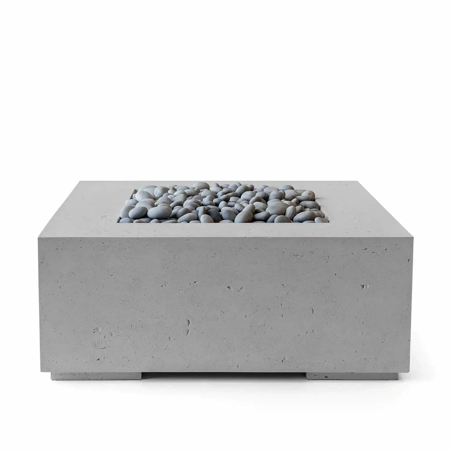 HPC Fire Hearth Products Controls Dekko GFRC Concrete Alea 40 x 40 Fire Pit in Charcoal finish with gray slate stone fire media. This contemporary square fire pit features a durable GFRC concrete exterior, recessed burner compartment, and polished slate stones that complement the dark charcoal color. Designed for modern outdoor spaces, it offers a sleek architectural look with premium materials and clean geometric lines.