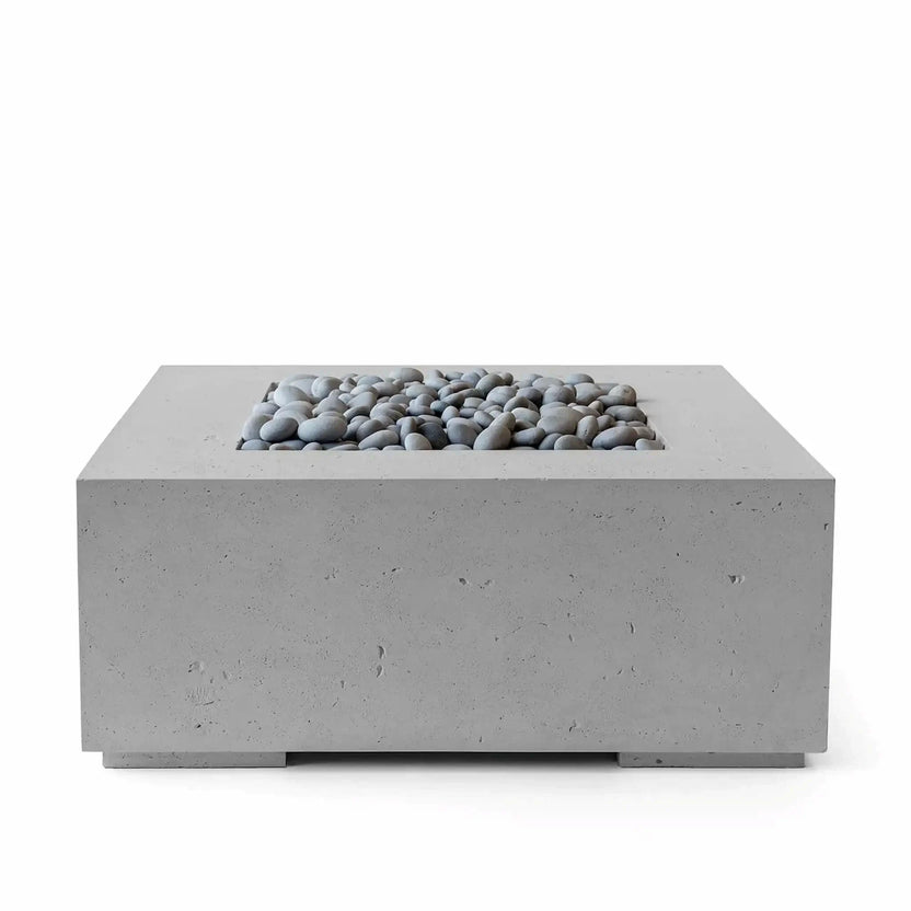 HPC Fire Hearth Products Controls Dekko GFRC Concrete Alea 40 x 40 Fire Pit in Charcoal finish with gray slate stone fire media. This contemporary square fire pit features a durable GFRC concrete exterior, recessed burner compartment, and polished slate stones that complement the dark charcoal color. Designed for modern outdoor spaces, it offers a sleek architectural look with premium materials and clean geometric lines.
