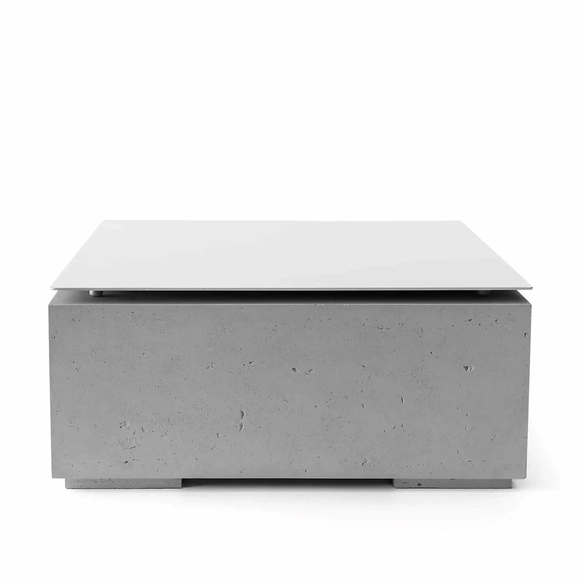 HPC Fire Hearth Products Controls Dekko GFRC Concrete Alea 40 x 40 Fire Pit Charcoal Table Top Lid displayed in a studio setting with a white background. The square tabletop cover sits above a charcoal gray GFRC concrete fire pit base featuring a modern minimalist design, textured concrete finish, and low-profile feet, creating a clean and contemporary outdoor fire feature appearance.