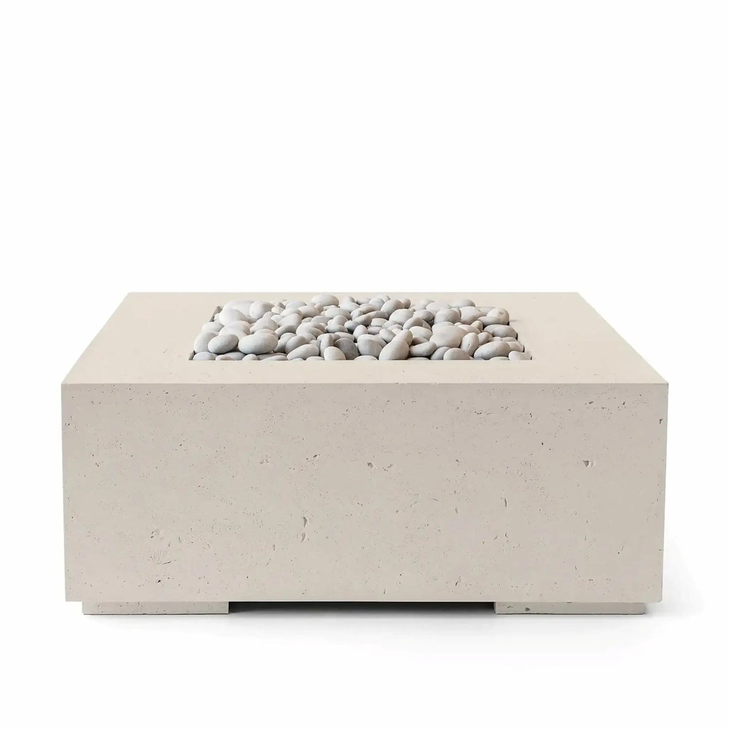 HPC Fire Hearth Products Controls Dekko GFRC Concrete Alea 40 x 40 Fire Pit in Clay finish with ivory fire stones. The square outdoor fire pit features a warm beige GFRC concrete body and a recessed burner opening filled with smooth white decorative stones. Its contemporary design, neutral clay color, and durable construction make it a versatile centerpiece for patios, outdoor lounges, and backyard entertaining areas.