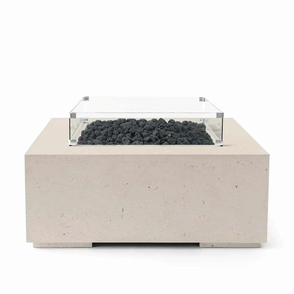 HPC Fire Hearth Products Controls Dekko GFRC Concrete Alea 40 x 40 Fire Pit finished in Clay with natural black lava rock media. The square concrete fire pit features a clear tempered glass wind guard around the burner area, creating a refined contrast between the light beige GFRC concrete base and rugged volcanic rock. Studio product image designed for outdoor fire feature presentation.