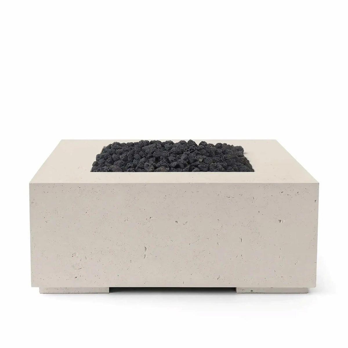 HPC Fire Hearth Products Controls Dekko GFRC Concrete Alea 40 x 40 Fire Pit in Clay finish featuring black lava rock media. This modern square GFRC concrete fire pit showcases a warm beige exterior paired with a recessed burner area filled with natural volcanic lava rock. The clean lines, durable outdoor construction, and contemporary styling create an attractive focal point for residential and commercial outdoor spaces.