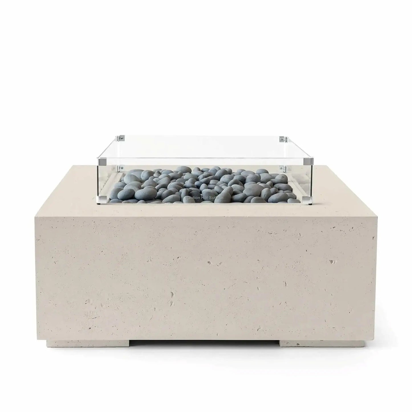 HPC Fire Hearth Products Controls Dekko GFRC Concrete Alea 40 x 40 Fire Pit in Clay finish with smooth slate stone fire media beneath a tempered glass wind guard. The durable GFRC concrete construction features a warm neutral color and minimalist square shape, making it ideal for modern patios and outdoor gathering spaces. Professional product image on a white background.