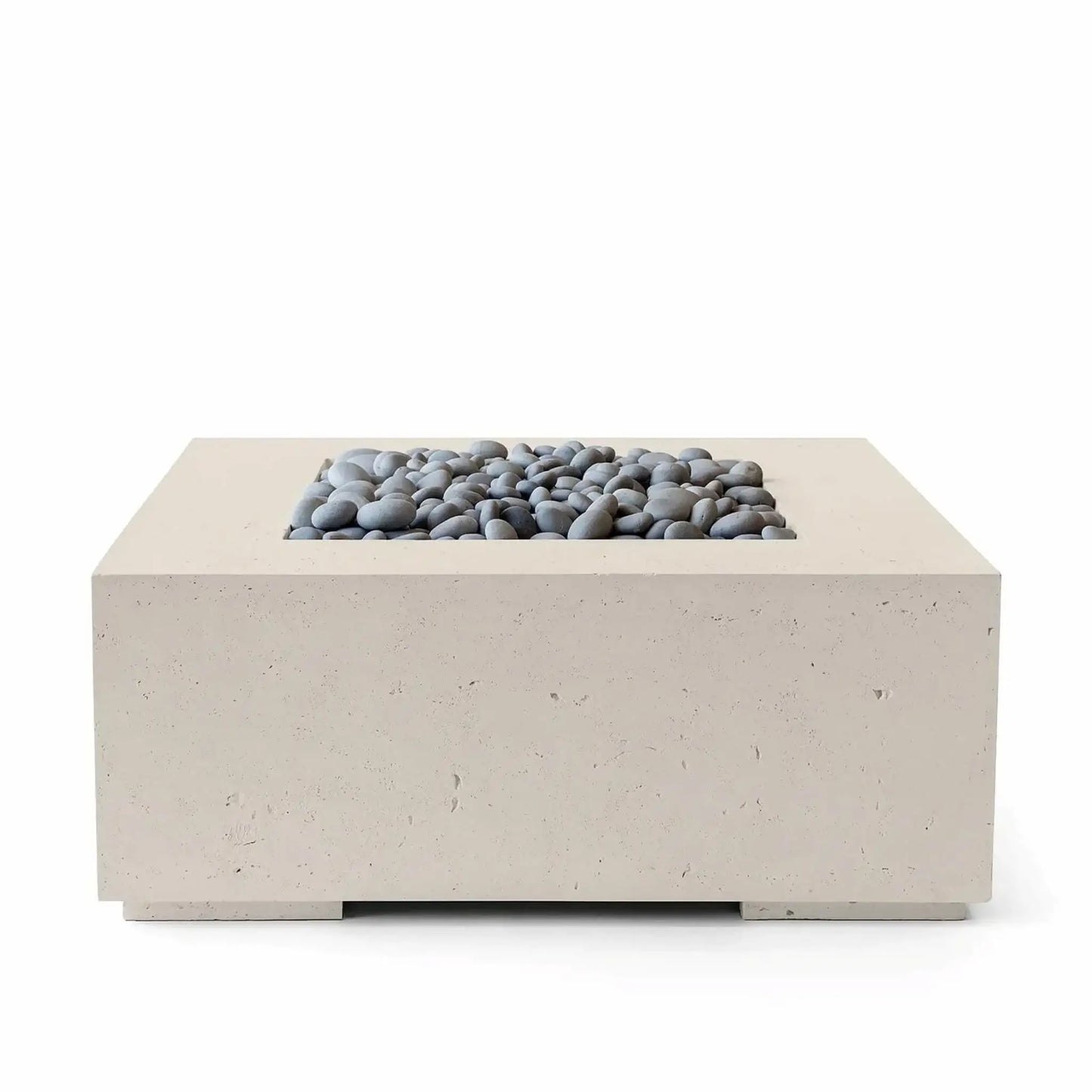 HPC Fire Hearth Products Controls Dekko GFRC Concrete Alea 40 x 40 Fire Pit in Clay finish with decorative gray slate stones. The square fire pit features a durable GFRC concrete construction, warm clay-colored finish, and recessed burner area filled with smooth slate media. Its modern architectural design and neutral color palette make it ideal for upscale patios, outdoor seating areas, and contemporary landscape projects.