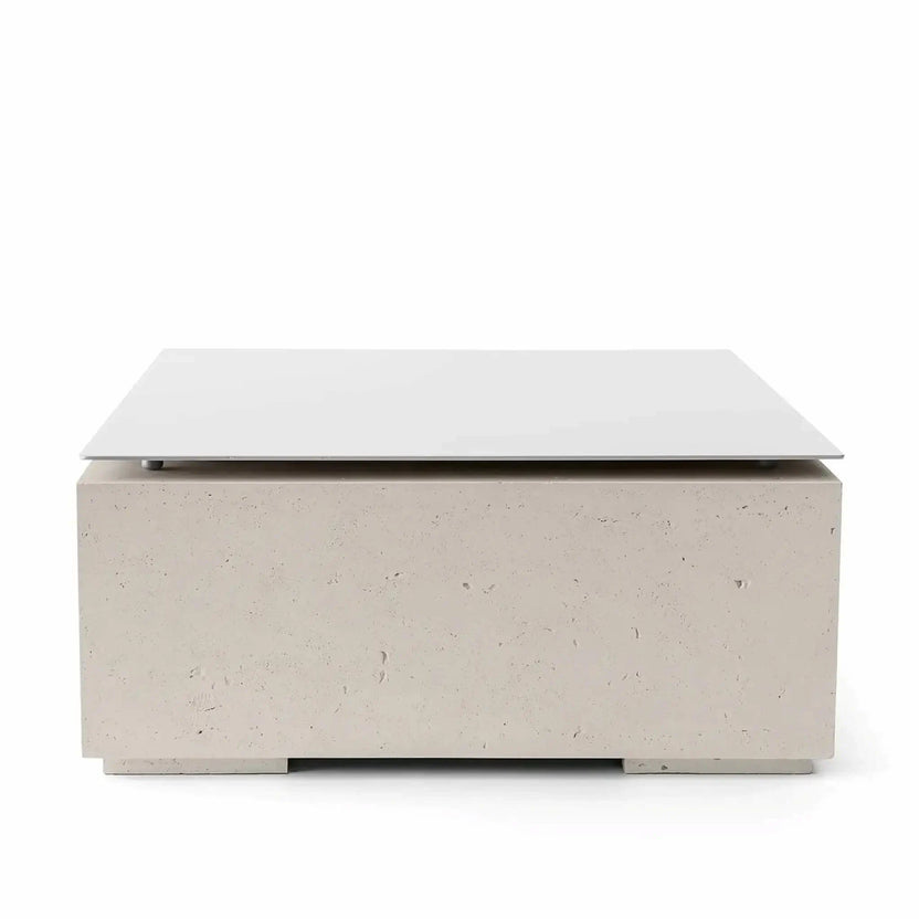 HPC Fire Hearth Products Controls Dekko GFRC Concrete Alea 40 x 40 Fire Pit Clay Table Top Lid shown from the front against a white background. The square tabletop cover is positioned over a GFRC concrete fire pit base finished in a warm clay tone with realistic concrete texture and subtle surface variations. The lid provides a practical tabletop surface while protecting the fire pit burner area.
