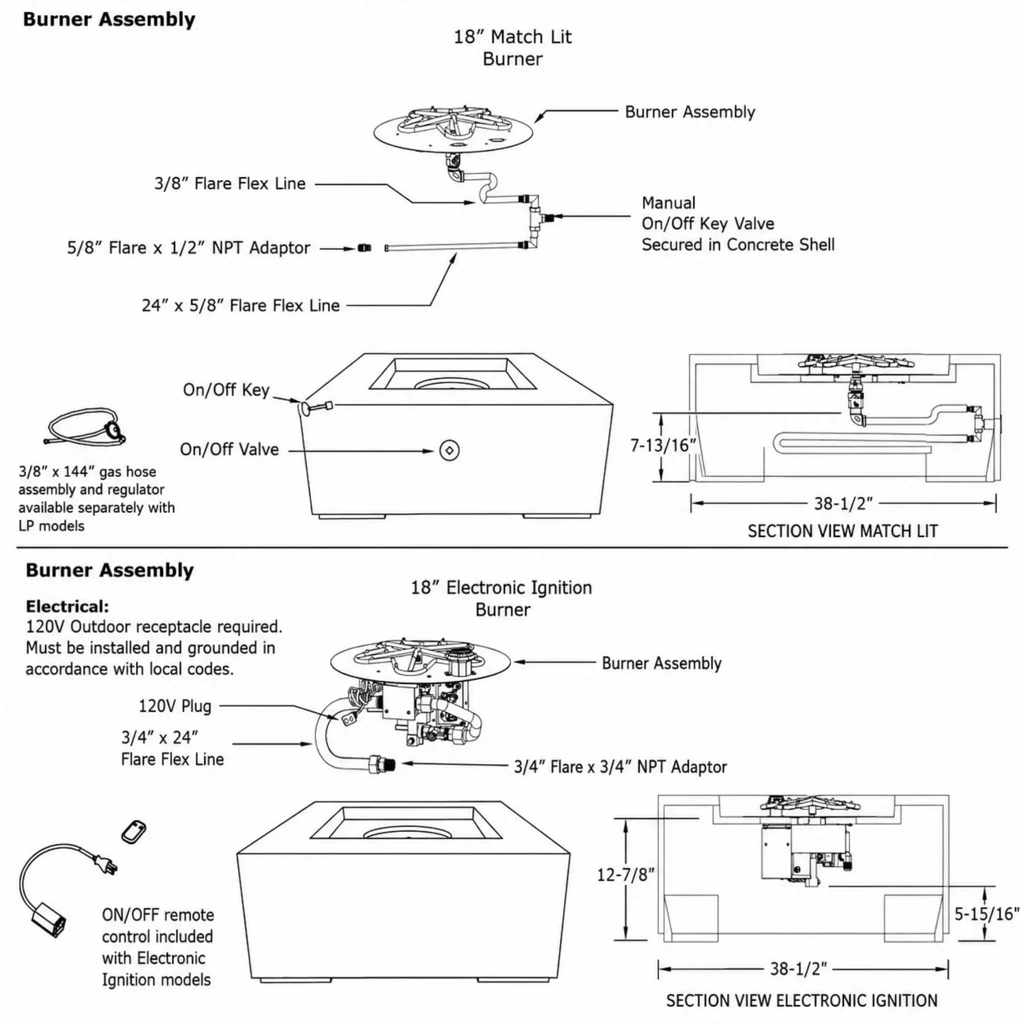 HPC Fire Hearth Products Controls Dekko GFRC Concrete Alea 40 x 40 Fire Pit General Specification Sheet showing Match Lit and Electronic Ignition burner assembly configurations. The technical diagram includes burner components, gas connections, valve placement, ignition systems, section views, flex lines, dimensions, remote control details, and installation requirements for the Alea 40 x 40 GFRC concrete fire pit.
