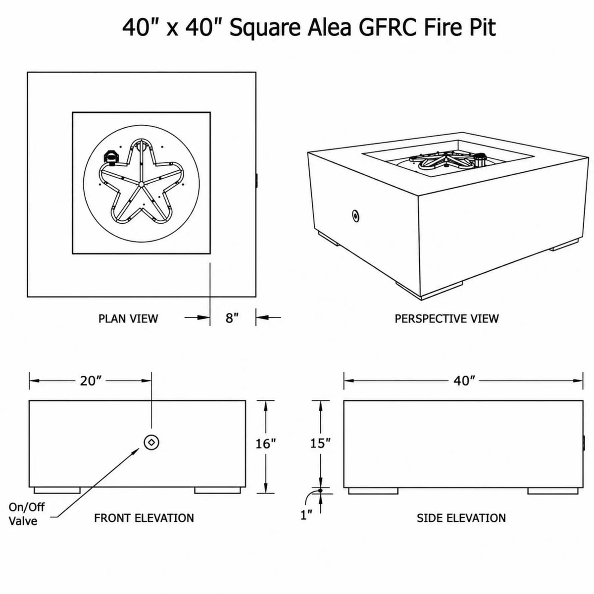 HPC Fire Hearth Products Controls Dekko GFRC Concrete Alea 40 x 40 Fire Pit General Specification Sheet showing technical dimensions, plan view, perspective rendering, front elevation, and side elevation. The engineering-style drawing details the square fire pit’s 40-inch by 40-inch footprint, 16-inch overall height, burner configuration, valve location, recessed burner opening, and structural layout for installation and product specification reference.