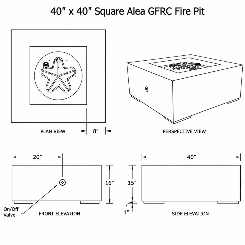 HPC Fire Hearth Products Controls Dekko GFRC Concrete Alea 40 x 40 Fire Pit General Specification Sheet showing technical dimensions, plan view, perspective rendering, front elevation, and side elevation. The engineering-style drawing details the square fire pit’s 40-inch by 40-inch footprint, 16-inch overall height, burner configuration, valve location, recessed burner opening, and structural layout for installation and product specification reference.