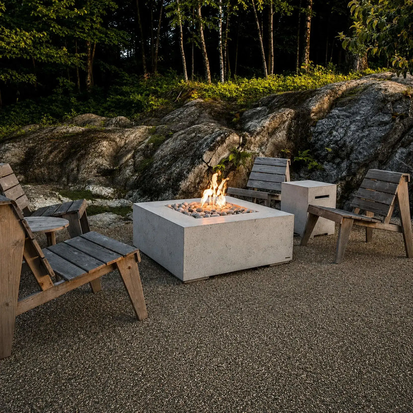 HPC Fire Hearth Products Controls Dekko GFRC Concrete Alea 40 x 40 Fire Pit positioned among rustic outdoor chairs in a woodland-inspired setting. The square concrete fire pit features a bed of smooth decorative stones with natural flames rising above the burner, while surrounding rock formations and mature trees create a warm, inviting retreat for outdoor relaxation.