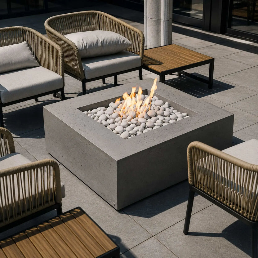 HPC Fire Hearth Products Controls Dekko GFRC Concrete Alea 40 x 40 Fire Pit positioned within a luxury patio furniture arrangement featuring woven lounge chairs and teak side tables. The square GFRC concrete fire pit showcases bright flames rising from smooth white fire stones, creating an elegant centerpiece for sophisticated outdoor seating areas, hospitality spaces, and residential patios.
