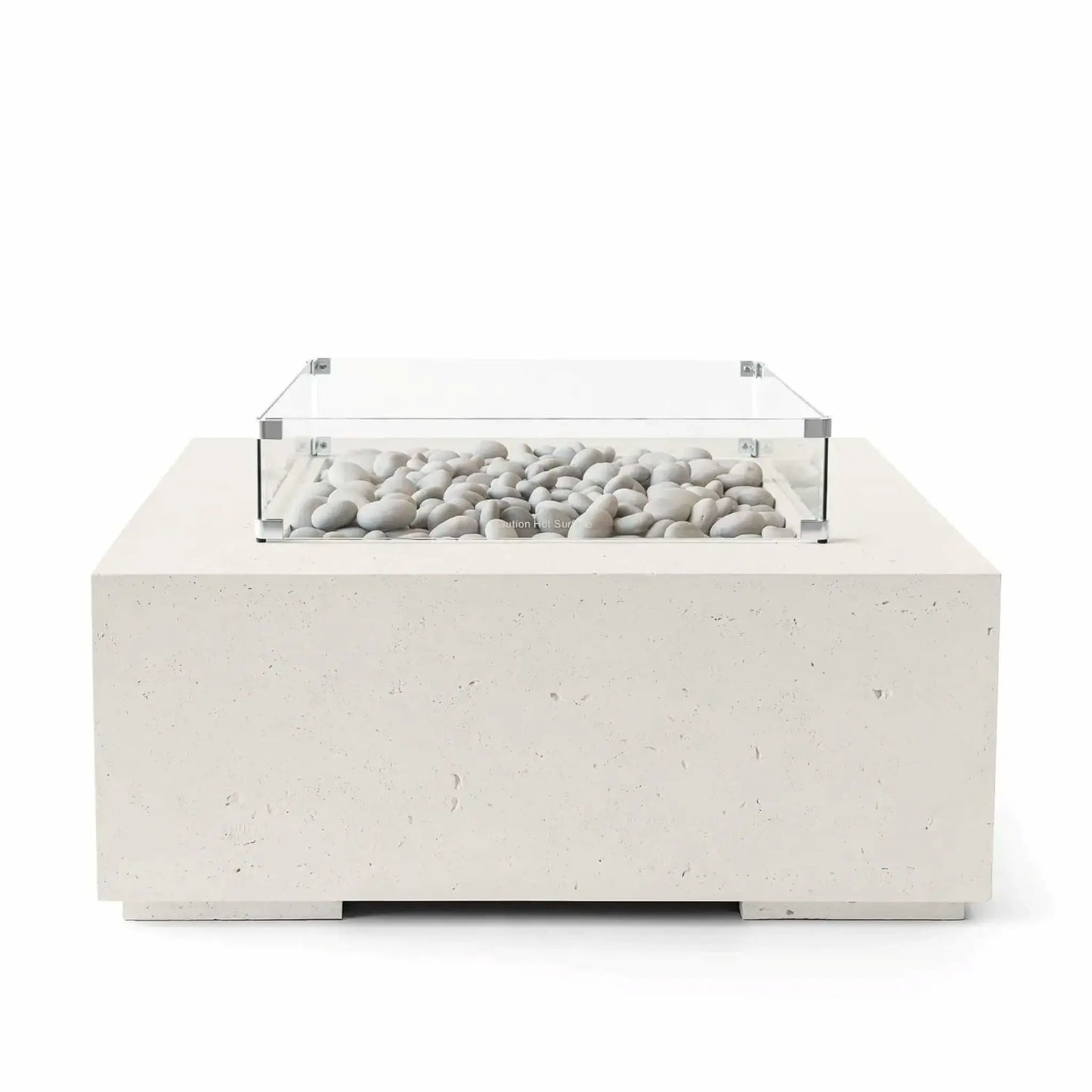 HPC Fire Hearth Products Controls Dekko GFRC Concrete Alea 40 x 40 Fire Pit in Limestone finish featuring ivory fire stones within a recessed burner area protected by a clear tempered glass wind guard. The light cream-colored GFRC concrete body showcases subtle texture and clean architectural lines, creating a sophisticated modern outdoor fire pit for patios, decks, and luxury outdoor living spaces.