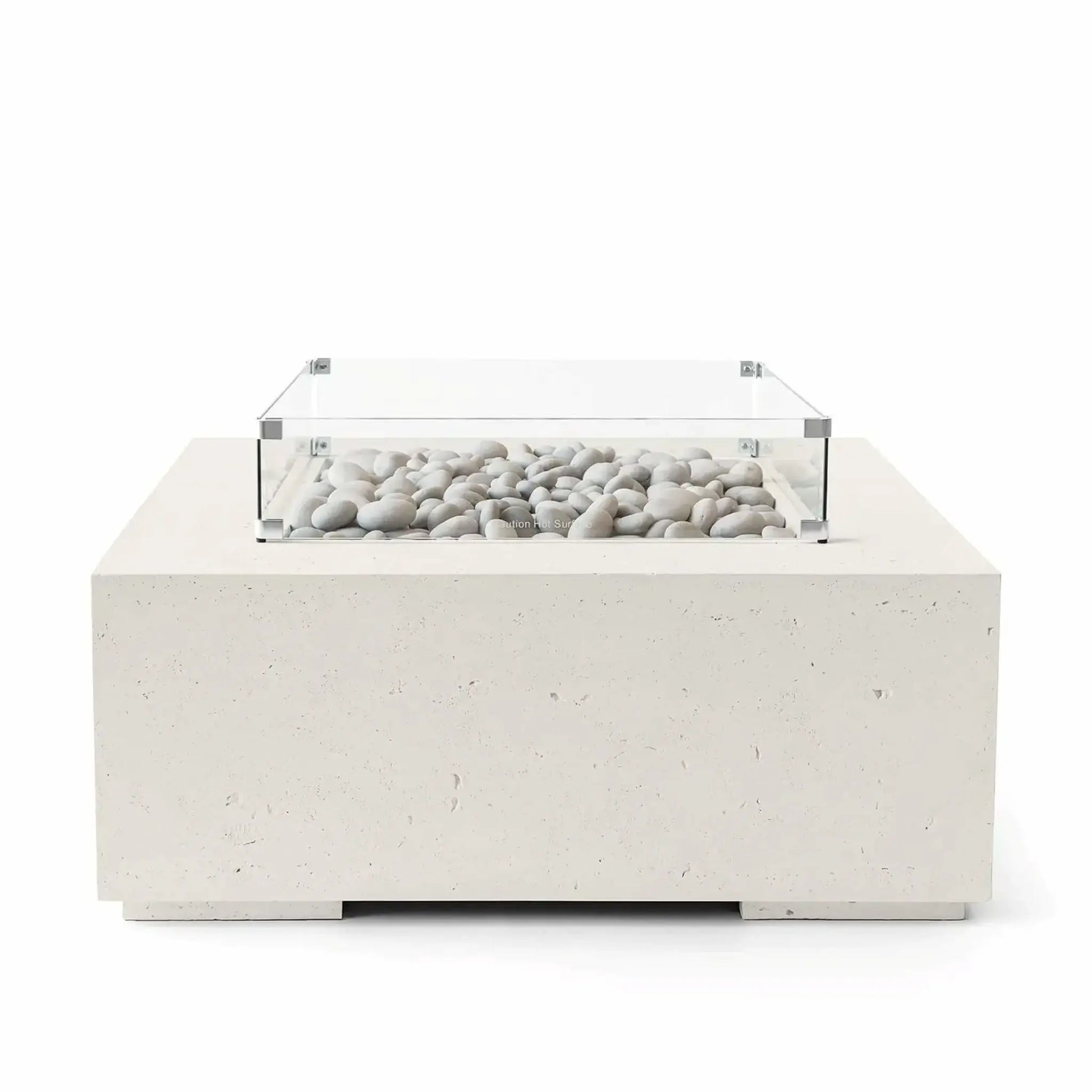 HPC Fire Hearth Products Controls Dekko GFRC Concrete Alea 40 x 40 Fire Pit in Limestone finish featuring ivory fire stones within a recessed burner area protected by a clear tempered glass wind guard. The light cream-colored GFRC concrete body showcases subtle texture and clean architectural lines, creating a sophisticated modern outdoor fire pit for patios, decks, and luxury outdoor living spaces.