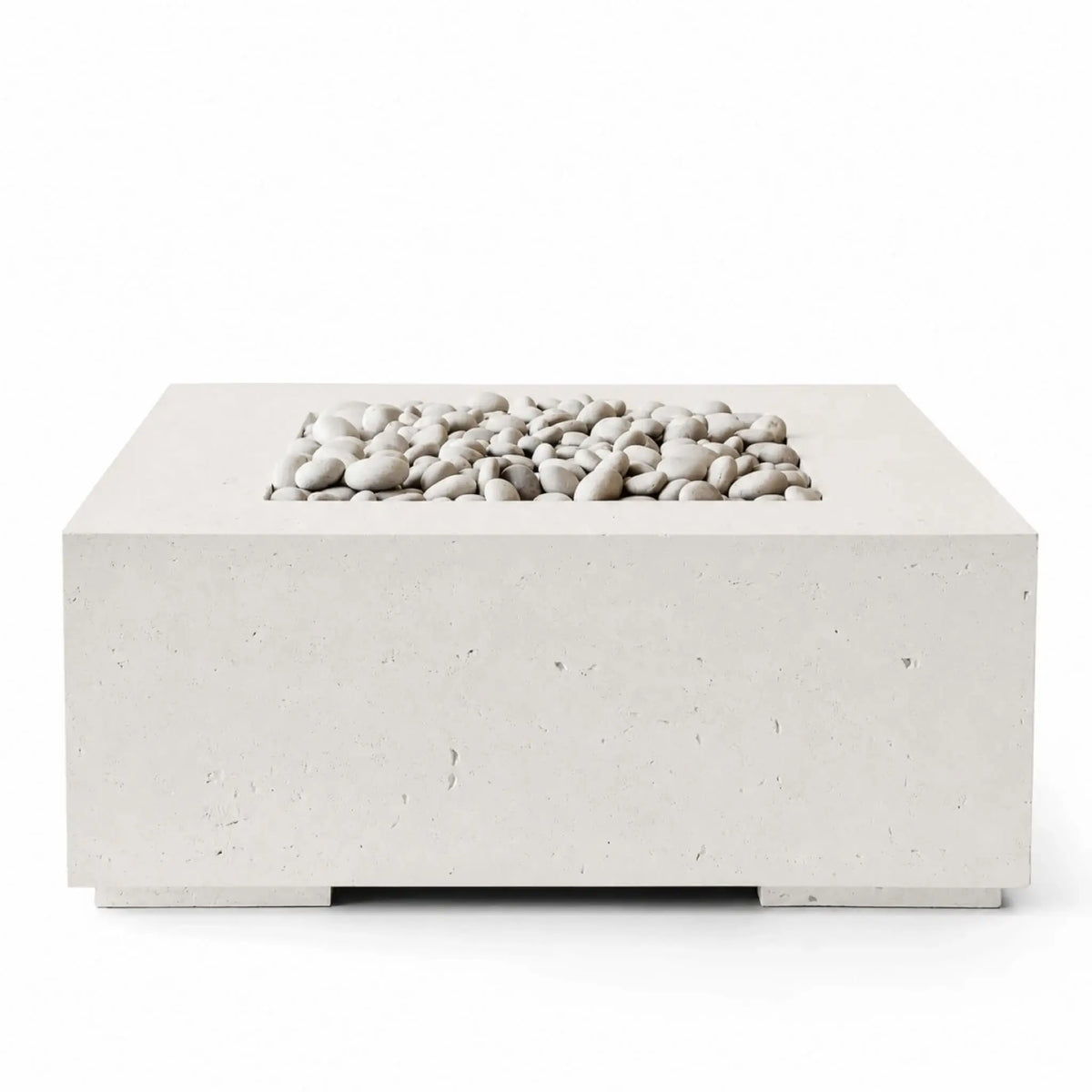 HPC Fire Hearth Products Controls Dekko GFRC Concrete Alea 40 x 40 Fire Pit in Limestone finish with Ivory Stone media. This front-facing studio product image highlights the clean-lined square concrete fire pit, recessed burner area filled with smooth ivory river stones, durable GFRC construction, and minimalist architectural styling designed for contemporary outdoor patios and gathering spaces.