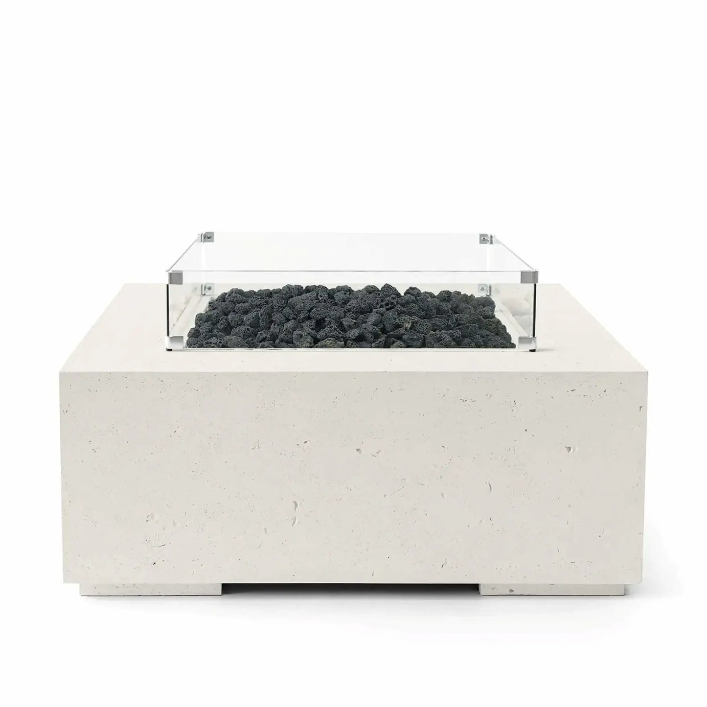 HPC Fire Hearth Products Controls Dekko GFRC Concrete Alea 40 x 40 Fire Pit in Limestone finish featuring black lava rock fire media inside a recessed burner area. The square GFRC concrete fire pit includes a clear tempered glass wind guard that surrounds the burner while maintaining an open, modern appearance. Front-facing studio product image highlighting the light limestone-colored concrete texture and contemporary outdoor fire feature design.