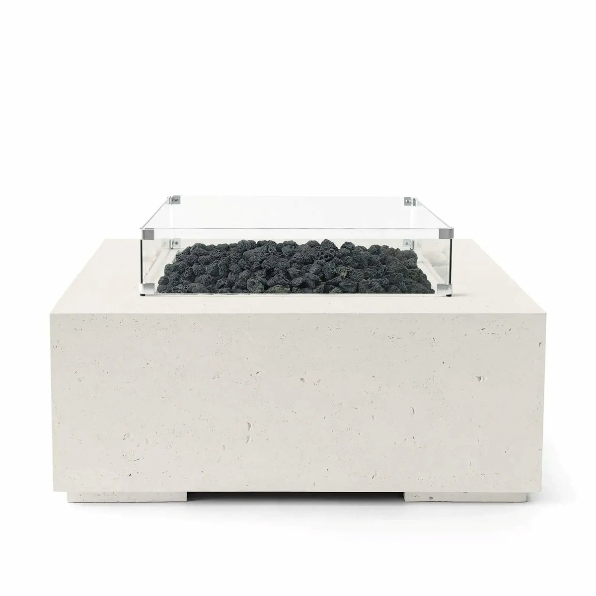 HPC Fire Hearth Products Controls Dekko GFRC Concrete Alea 40 x 40 Fire Pit in Limestone finish featuring black lava rock fire media inside a recessed burner area. The square GFRC concrete fire pit includes a clear tempered glass wind guard that surrounds the burner while maintaining an open, modern appearance. Front-facing studio product image highlighting the light limestone-colored concrete texture and contemporary outdoor fire feature design.