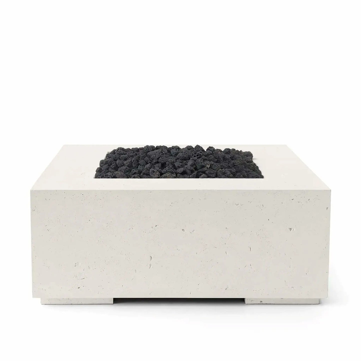 HPC Fire Hearth Products Controls Dekko GFRC Concrete Alea 40 x 40 Fire Pit in Limestone finish with Lava Rock media. The front elevation product image showcases the modern square fire pit design, textured GFRC concrete body, and recessed burner tray filled with dark volcanic lava rock, offering a striking contrast for contemporary outdoor living and entertainment areas.