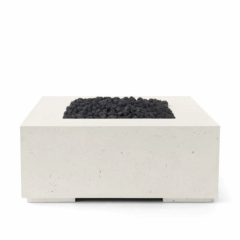 HPC Fire Hearth Products Controls Dekko GFRC Concrete Alea 40 x 40 Fire Pit in Limestone finish with Lava Rock media. The front elevation product image showcases the modern square fire pit design, textured GFRC concrete body, and recessed burner tray filled with dark volcanic lava rock, offering a striking contrast for contemporary outdoor living and entertainment areas.