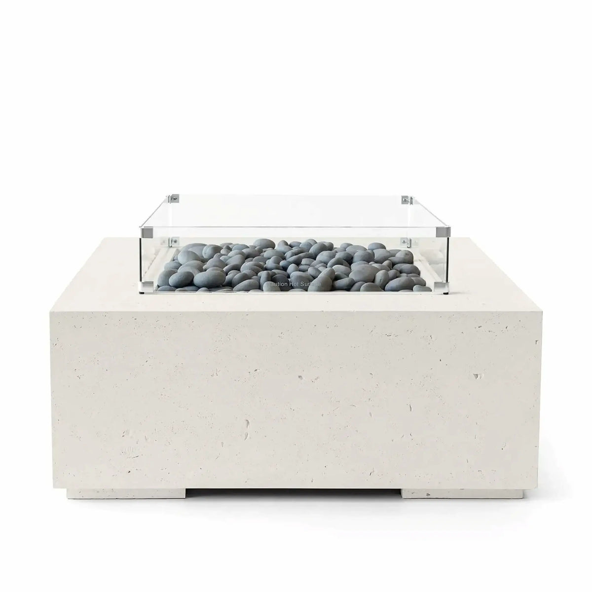 HPC Fire Hearth Products Controls Dekko GFRC Concrete Alea 40 x 40 Fire Pit finished in Limestone with smooth slate stone fire media displayed beneath a tempered glass wind guard. The clean-lined square fire pit features durable GFRC concrete construction and a light cream-toned finish that complements the gray decorative stones. Professional product image showcasing modern outdoor patio heating and architectural styling.