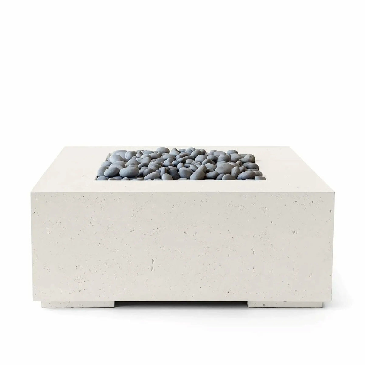 HPC Fire Hearth Products Controls Dekko GFRC Concrete Alea 40 x 40 Fire Pit in Limestone finish with Slate Stone media. Shown against a clean white background, the square GFRC concrete fire pit features a recessed burner area filled with smooth gray slate stones, highlighting the fire pit’s modern aesthetic, durable construction, and versatile design for upscale outdoor spaces.