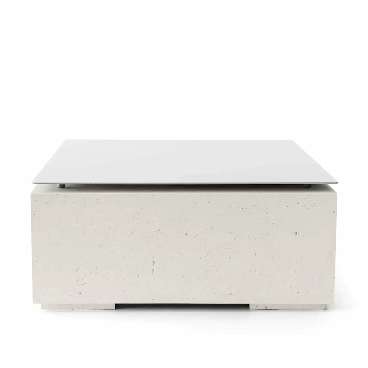 HPC Fire Hearth Products Controls Dekko GFRC Concrete Alea 40 x 40 Fire Pit Limestone Table Top Lid displayed on a white background. Featuring a light limestone-colored GFRC concrete base with natural stone-inspired texture, this modern square fire pit includes a matching tabletop lid that transforms the fire feature into a functional outdoor table when the burner is not in operation.