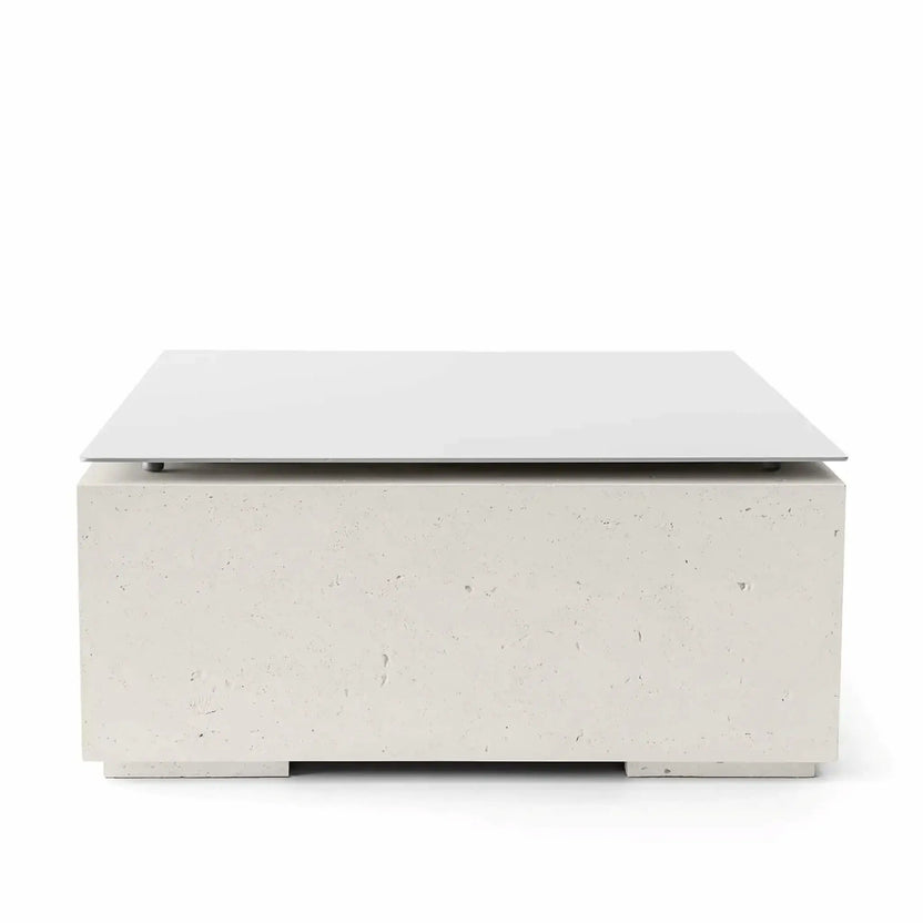 HPC Fire Hearth Products Controls Dekko GFRC Concrete Alea 40 x 40 Fire Pit Limestone Table Top Lid displayed on a white background. Featuring a light limestone-colored GFRC concrete base with natural stone-inspired texture, this modern square fire pit includes a matching tabletop lid that transforms the fire feature into a functional outdoor table when the burner is not in operation.