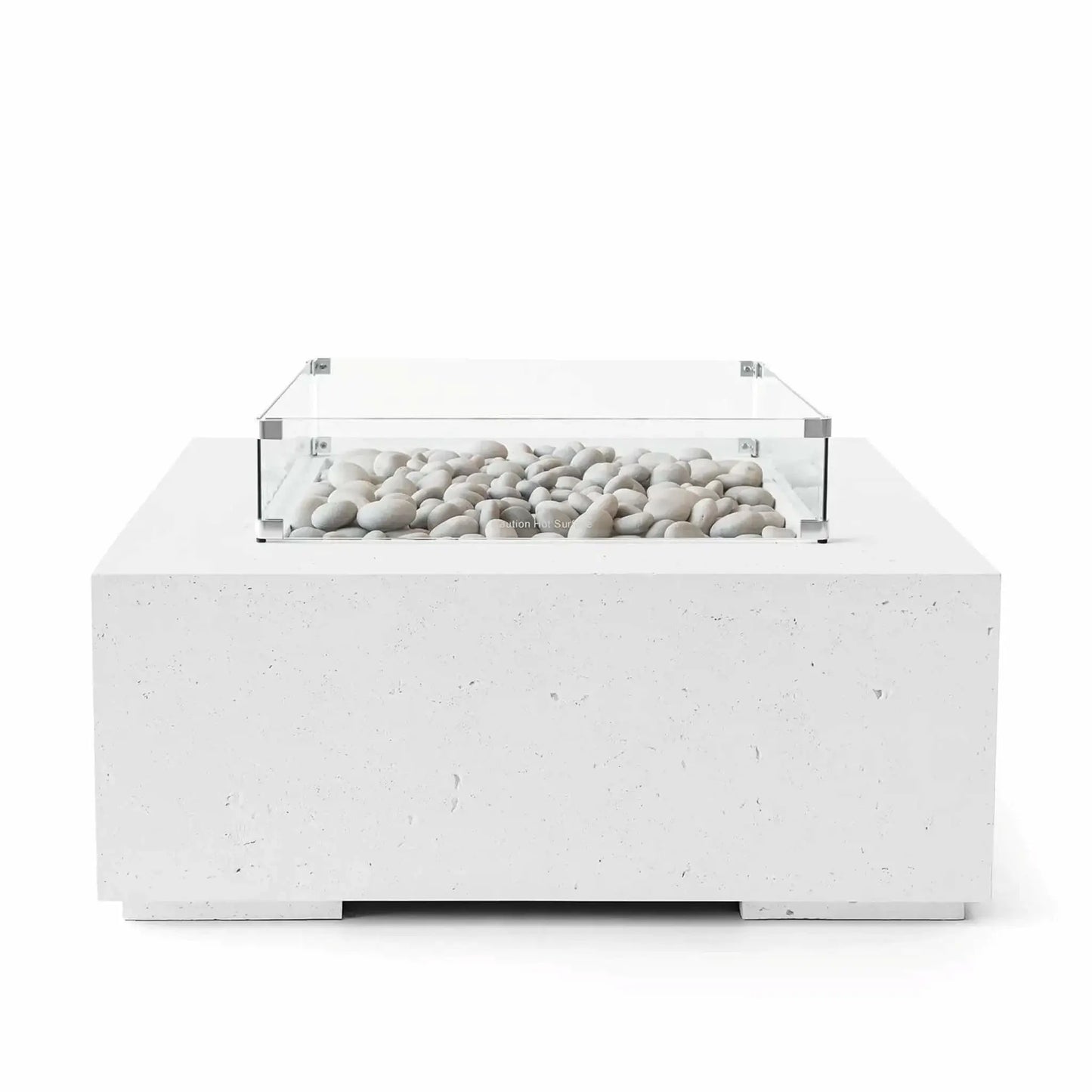 HPC Fire Hearth Products Controls Dekko GFRC Concrete Alea 40 x 40 Fire Pit in Natural finish featuring ivory fire stones arranged within the burner enclosure. The square concrete fire pit includes a clear tempered glass wind guard and subtle concrete texture that enhances its modern outdoor aesthetic. Studio image emphasizing the neutral natural finish, premium construction, and decorative stone media.