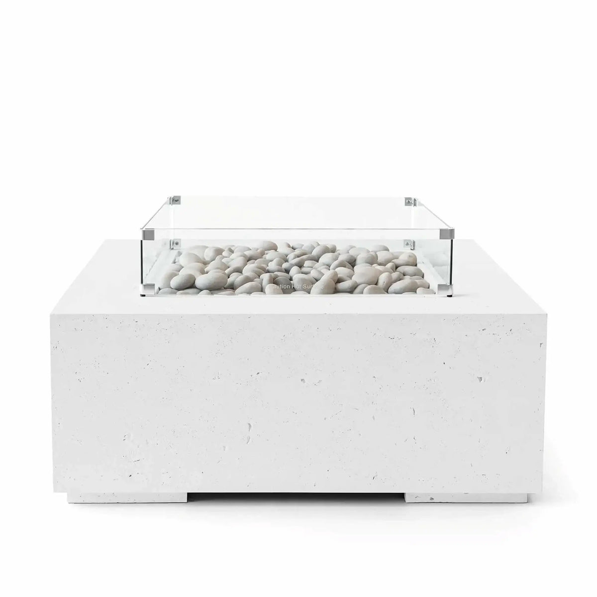 HPC Fire Hearth Products Controls Dekko GFRC Concrete Alea 40 x 40 Fire Pit in Natural finish featuring ivory fire stones arranged within the burner enclosure. The square concrete fire pit includes a clear tempered glass wind guard and subtle concrete texture that enhances its modern outdoor aesthetic. Studio image emphasizing the neutral natural finish, premium construction, and decorative stone media.