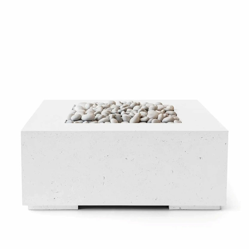 HPC Fire Hearth Products Controls Dekko GFRC Concrete Alea 40 x 40 Fire Pit in Natural finish with Ivory Stone media. This product image emphasizes the subtle texture of the Natural GFRC concrete finish paired with smooth ivory river stones in the burner opening, showcasing a timeless and elegant fire pit design suitable for luxury patios, decks, and outdoor seating areas.