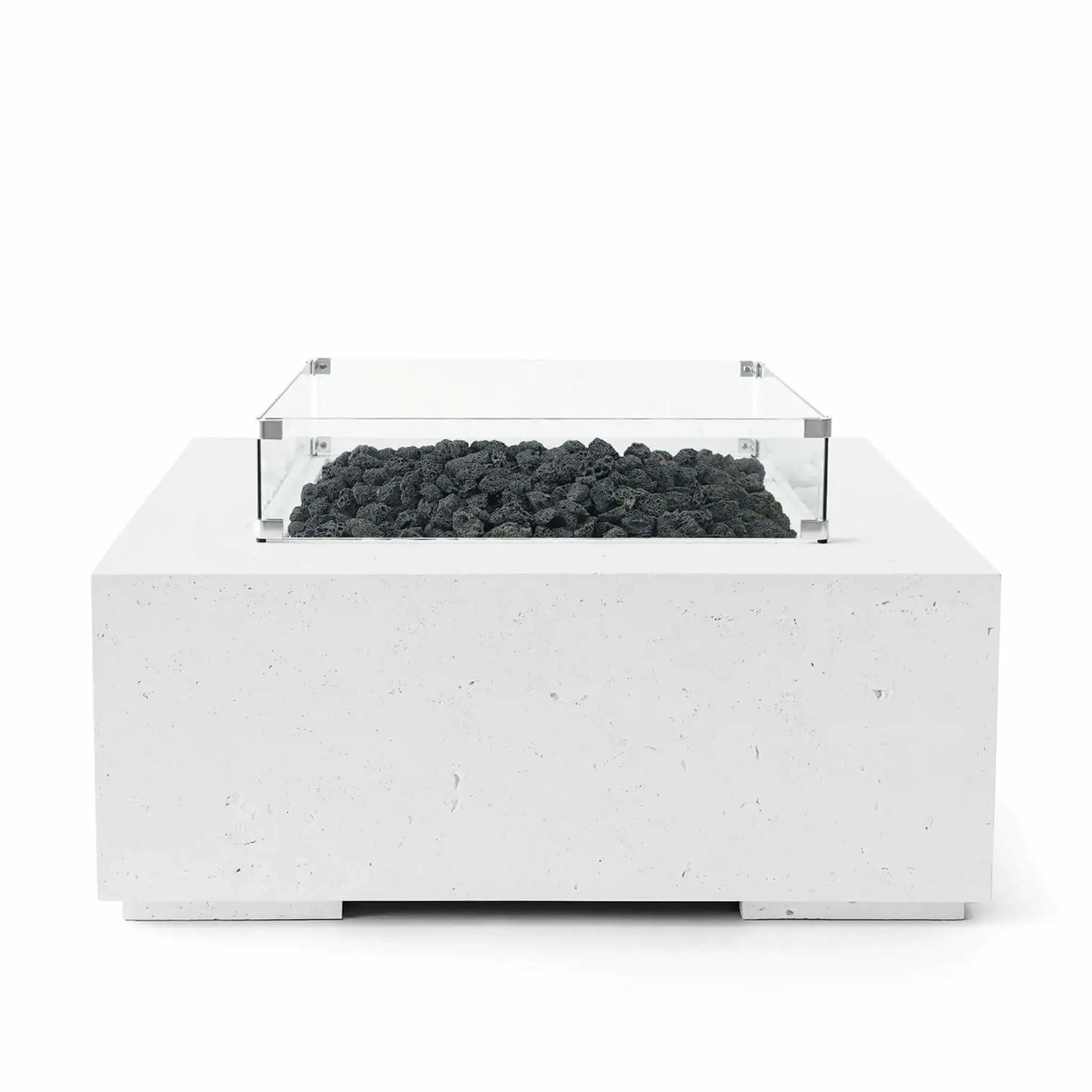 HPC Fire Hearth Products Controls Dekko GFRC Concrete Alea 40 x 40 Fire Pit in Natural concrete finish with black lava rock media beneath a tempered glass wind guard. The square GFRC concrete design combines rugged volcanic rock with clean architectural lines, creating a striking outdoor fire feature. Front-facing product image highlighting the textured concrete body and contemporary patio-ready style.