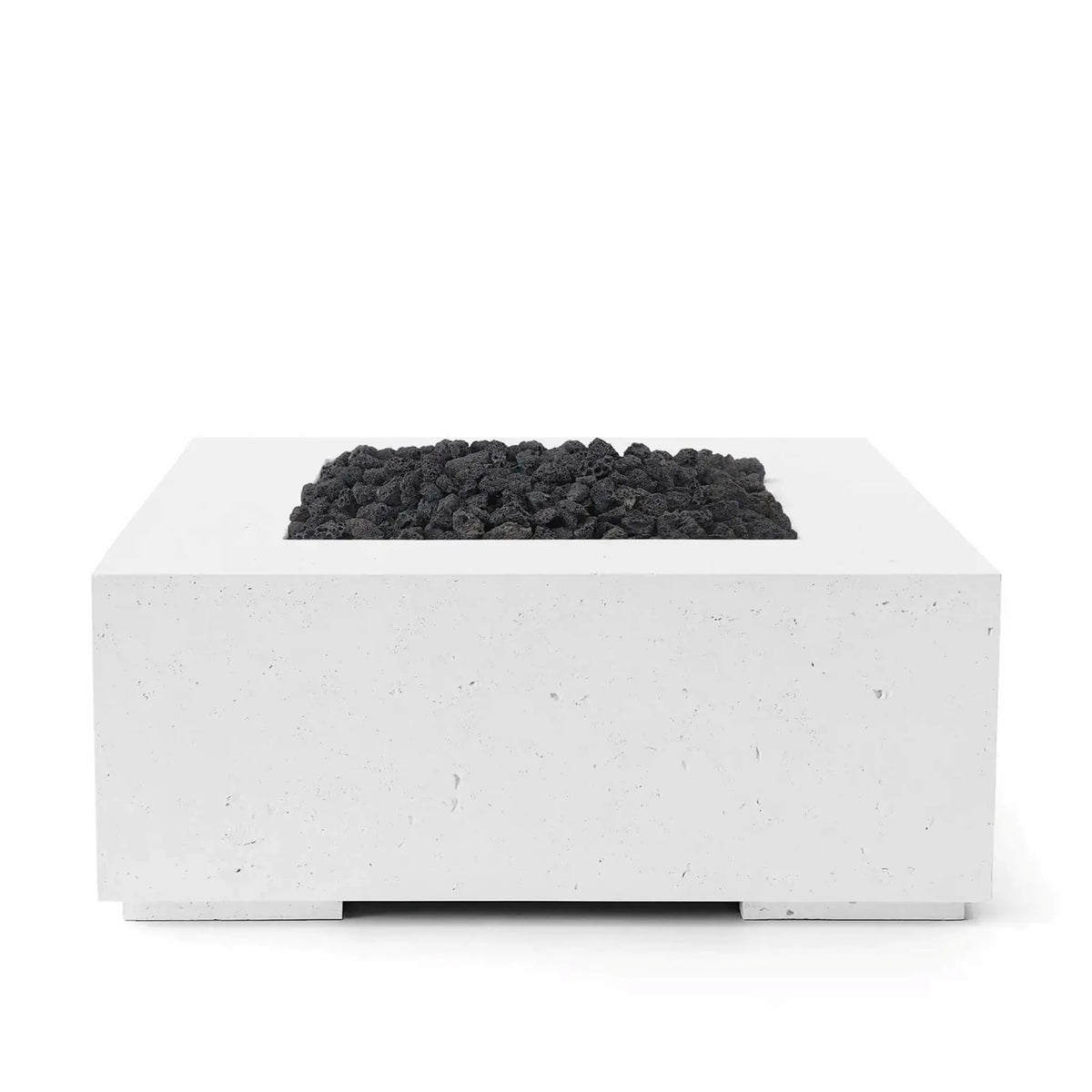 HPC Fire Hearth Products Controls Dekko GFRC Concrete Alea 40 x 40 Fire Pit in Natural finish with Lava Rock media. The front-view studio image displays the square GFRC concrete fire pit with a recessed burner area filled with black volcanic lava rock, creating a bold visual contrast while highlighting the durable construction and contemporary outdoor fire feature design.