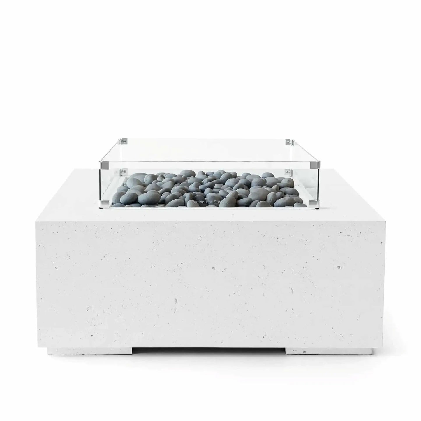 HPC Fire Hearth Products Controls Dekko GFRC Concrete Alea 40 x 40 Fire Pit in Natural finish featuring decorative slate stones inside the burner tray. A clear tempered glass wind guard surrounds the fire media, while the square GFRC concrete base provides a durable and modern foundation. Studio product photo showcasing the balanced combination of natural concrete tones and smooth gray stone media.