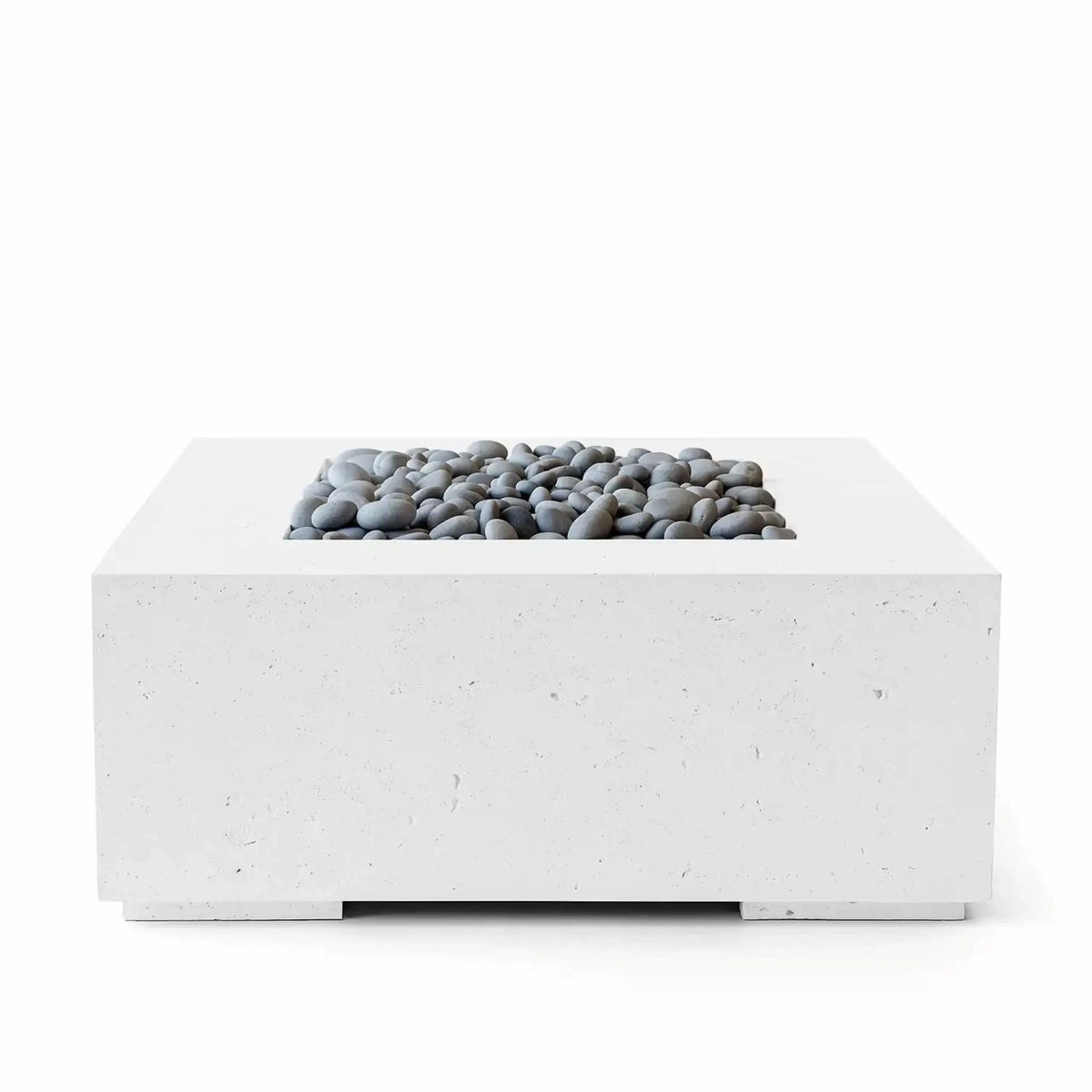 HPC Fire Hearth Products Controls Dekko GFRC Concrete Alea 40 x 40 Fire Pit in Natural finish with Slate Stone media. This clean product photograph showcases the square concrete fire pit body and burner opening filled with smooth gray slate stones, emphasizing the refined texture, modern geometry, and premium outdoor living appeal of the Alea GFRC fire pit collection.