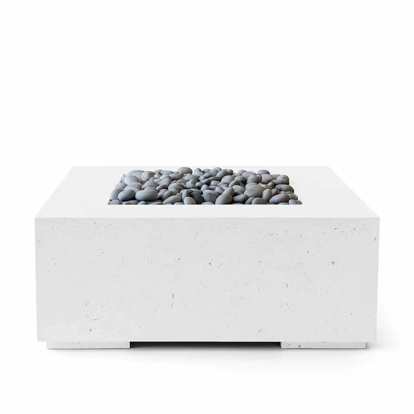 HPC Fire Hearth Products Controls Dekko GFRC Concrete Alea 40 x 40 Fire Pit in Natural finish with Slate Stone media. This clean product photograph showcases the square concrete fire pit body and burner opening filled with smooth gray slate stones, emphasizing the refined texture, modern geometry, and premium outdoor living appeal of the Alea GFRC fire pit collection.