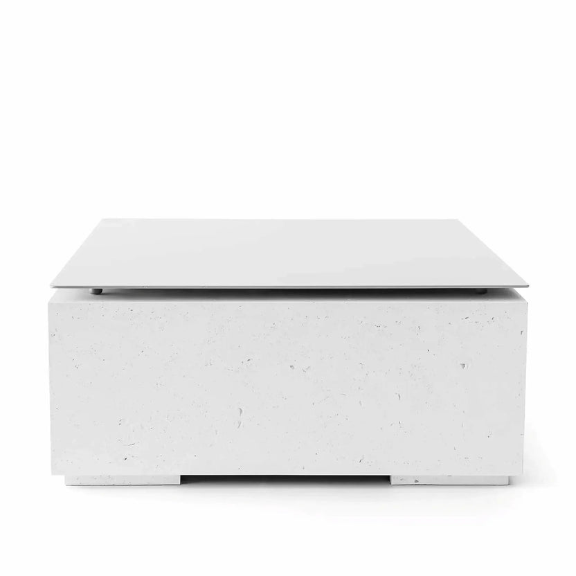 HPC Fire Hearth Products Controls Dekko GFRC Concrete Alea 40 x 40 Fire Pit Natural Table Top Lid shown in a front-facing product image. The square lid rests above a natural gray GFRC concrete fire pit base with authentic concrete texture, clean lines, and contemporary styling. Designed to provide burner protection and additional tabletop functionality for outdoor living spaces.