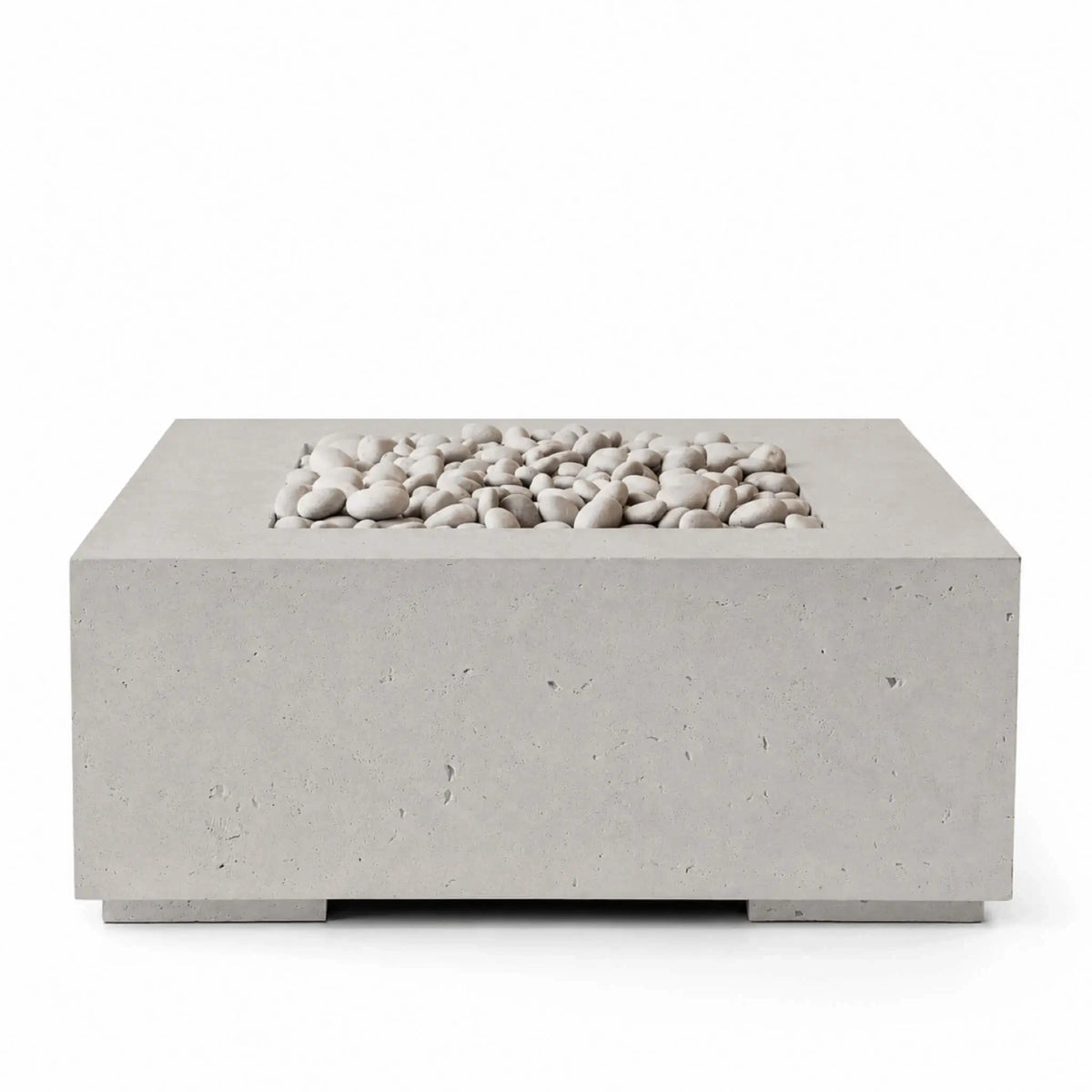 HPC Fire Hearth Products Controls Dekko GFRC Concrete Alea 40 x 40 Fire Pit in Sandstone finish with Ivory Stone media. The product image highlights the warm Sandstone-colored GFRC concrete construction and decorative ivory river stones within the recessed burner area, offering a sophisticated fire pit solution designed to complement residential and commercial outdoor environments.